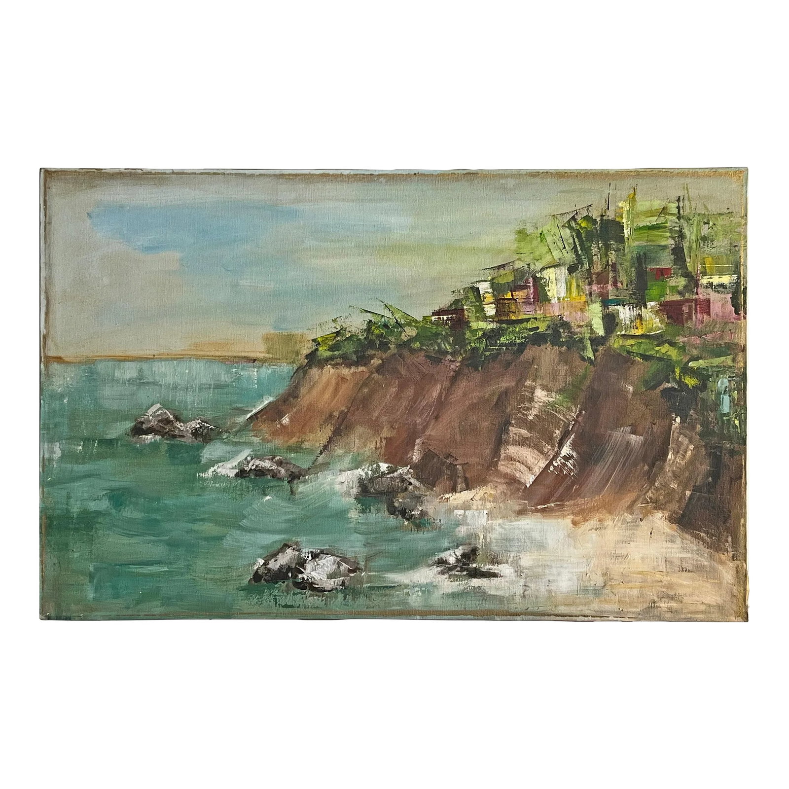 Abstract "Seaside Cliffs" California Oil on Canvas by Artist M. Wilson: This oil-on-canvas painting depicts an abstract oceanside cliff topped with houses. The colors give a soft sense of majesty to the painting. The canvas is signed "M. Wilson" in the lower left-hand