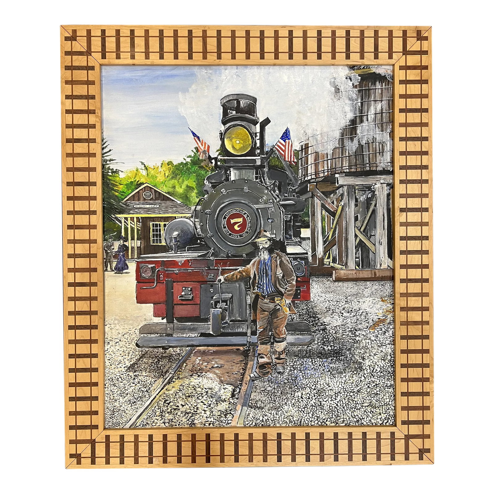1990s Folk Art Roaring Camp Railroad Locomotive Painting: Acrylic on canvas locomotives painting of historic roaring camp in the Santa Cruz Mountains of California California. Artisans made hard wood frame depicting actual railings. Condition: Alterations:
