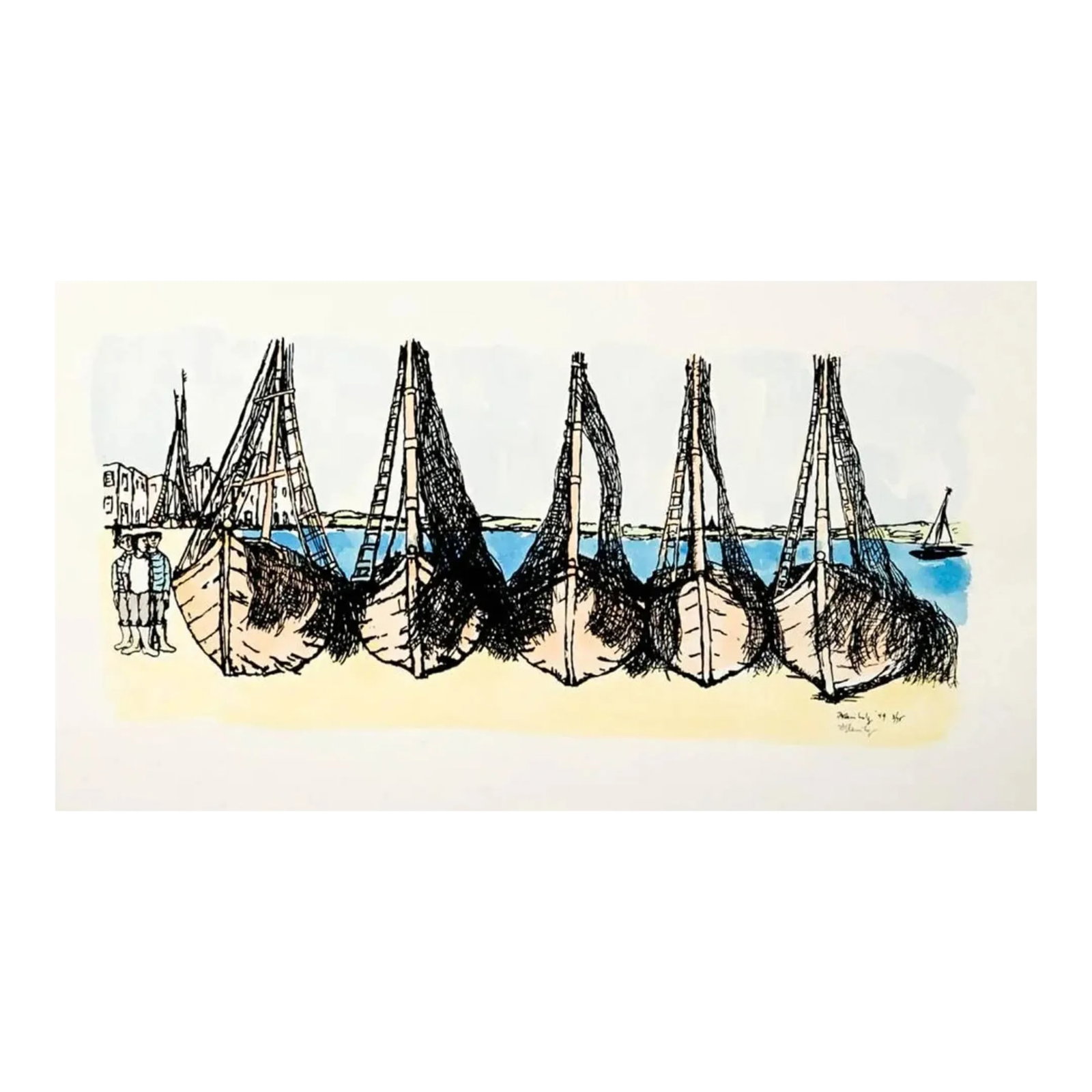1971 Frank Kleinholz Boats at Brehat Hand Colored Serigraph: 1971 "Boats at Brehat" MCM serigraph with watercolor by Frank Kleinholz (1901-1987). Pencil signed and numbered 3 of 75. The serigraph is dated 1949 in the plate because it is based on drawings from a