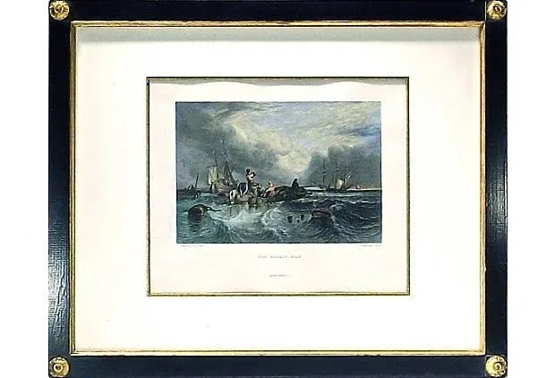 Vintage "The Market Boat" Engraving: This vintage, harbor scene engraving, titled "The Market Boat", depicts a small boat with goods heading towards another ship. It is made out of wood, glass, and paint. It is also marked " C.