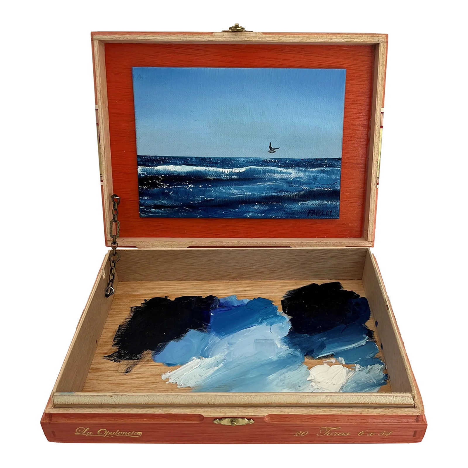 Breeze Box, Original Assemblage Painting by Jessica Fairley: This original assemblage art piece by California artist Jessica Fairley reveals an original oil painting of the Malibu oceanside on linen, inside of a wooden cigar box, palette included! This original