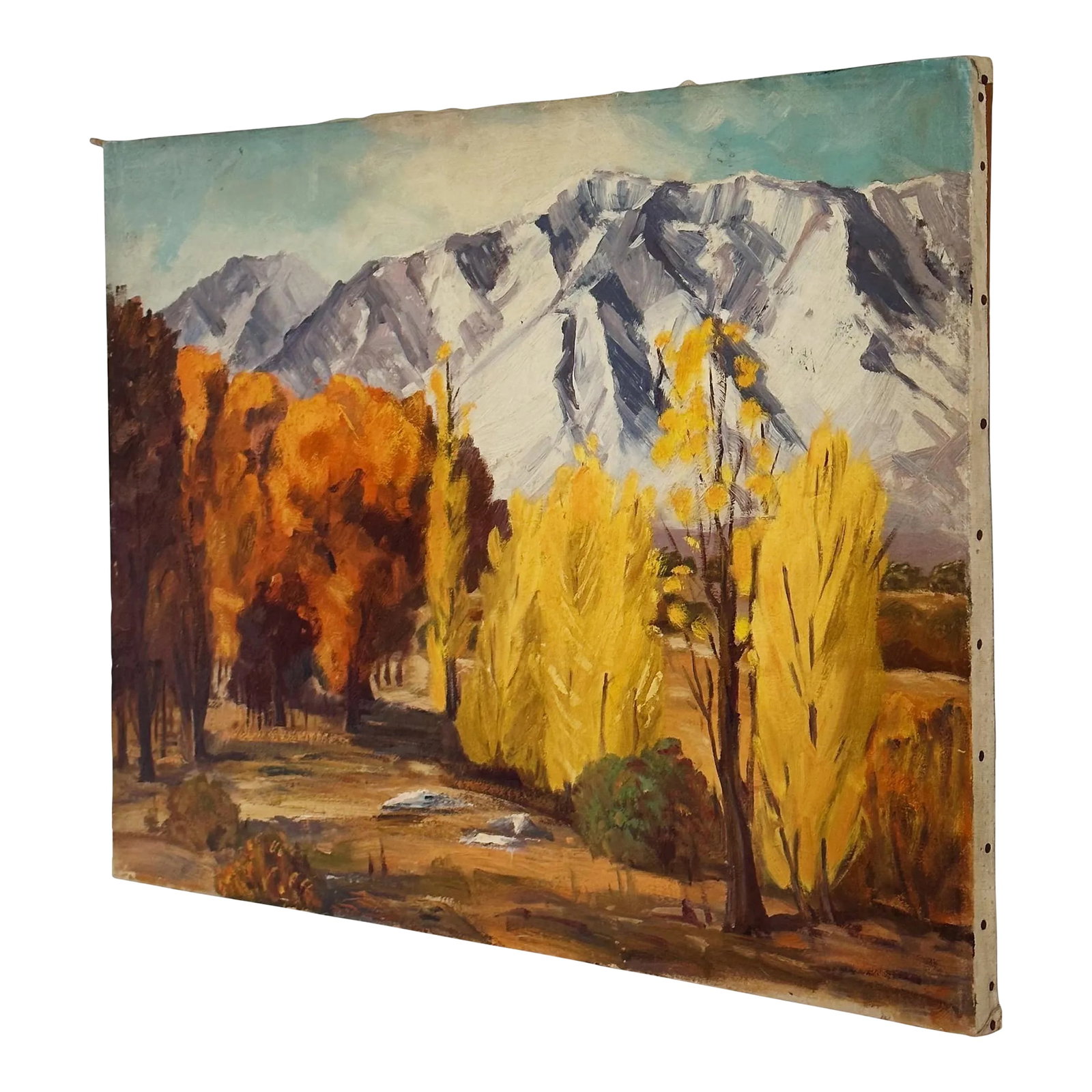 Mid-Century Oil Painting Depicting California Mountains and Autumn Trees by Olive Van Bergen: Mid-Century Oil Painting depicting California Mountains and Autumn Trees by Olive Van Bergen Measures approx: 27x 20 Raw edged canvas with original tacks and stretcher. Please visit my other listings