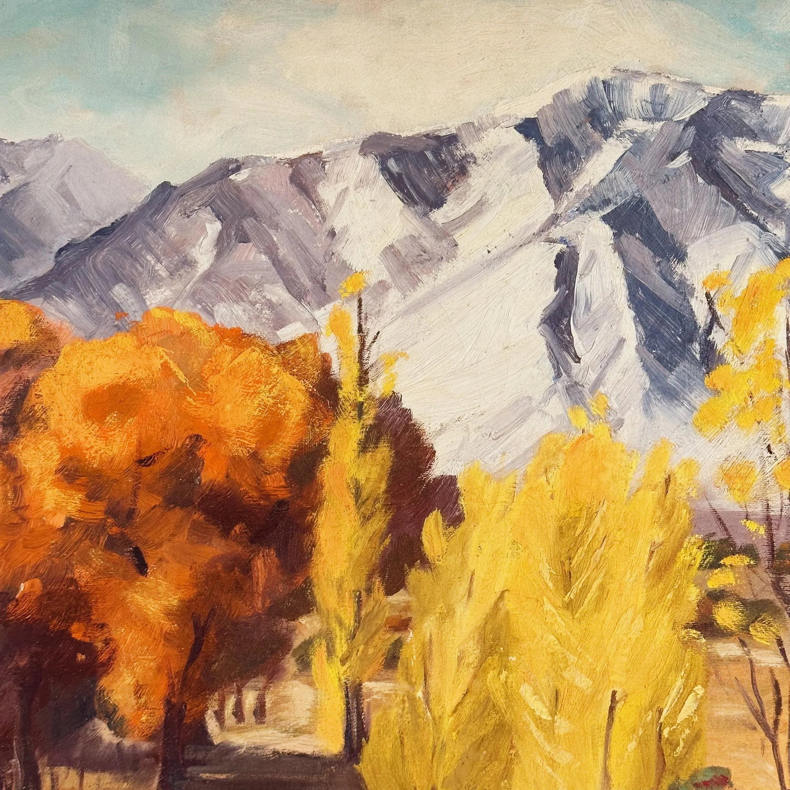 Mid-Century Oil Painting Depicting California Mountains and Autumn Trees by Olive Van Bergen - 3