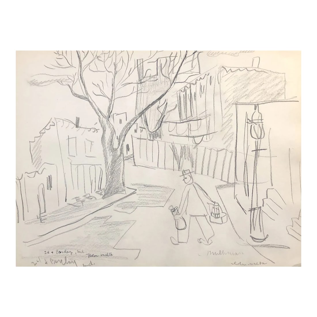 1930s Helen Malta Baltimore City Street Drawing: Milkman Delivering at 24th and Barclay Streets in Baltimore, Maryland Helen Wagner Malta (1912-1975) worked in New York City in the 1930s, teaching at the Harlem Art Center and working on the New