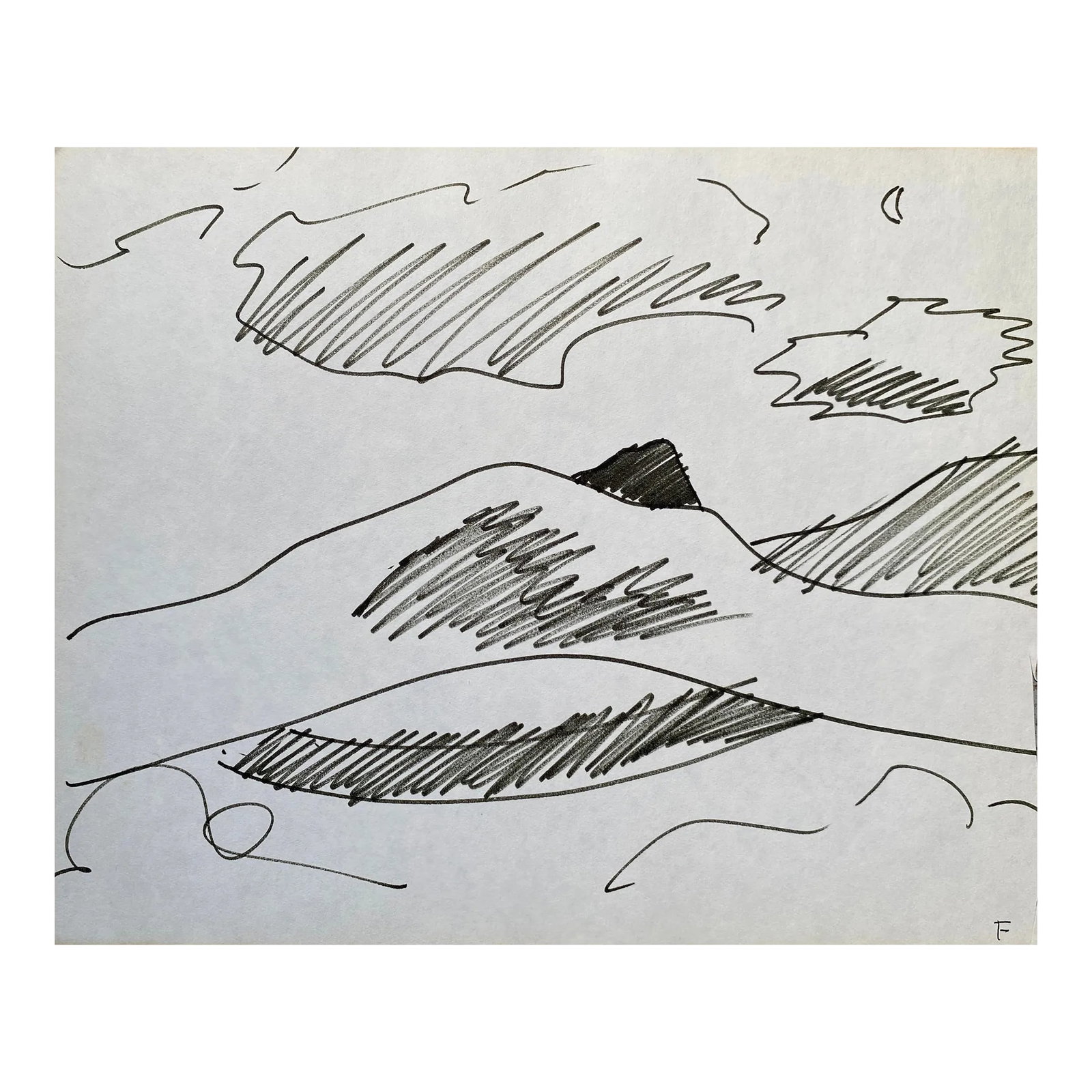 1960s Frank Wallace Camels Hump Green Mountains Drawing: Green Mountain Camel's Hump peak landscape by Vermont artist Frank Wallace (1915/18-2003). Wallace was born in Toledo, Ohio and grew ip in Massachusetts attending Phillips Academy and Amherst College.