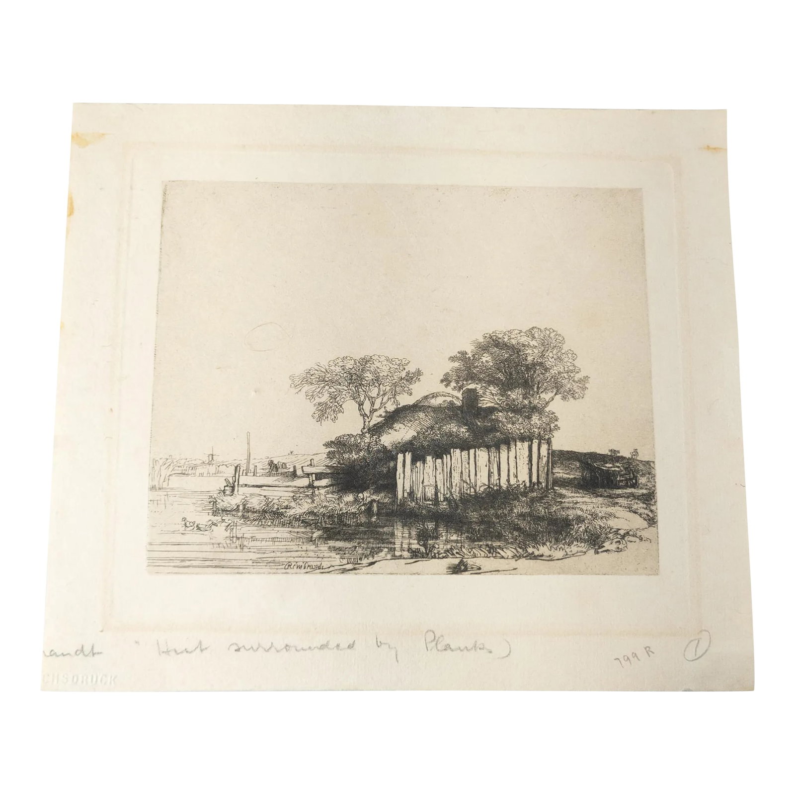 20th Century Facsimile Reproduction Rembrandt Van Rijn Print "Cottage With White Pailing": We are selling this 20th century reproduction engraving print after Rembrandt Van Rijn's "Cottage with White Paling" originally produced in 1648. This print is marked as Facsimile-Reproduction Der