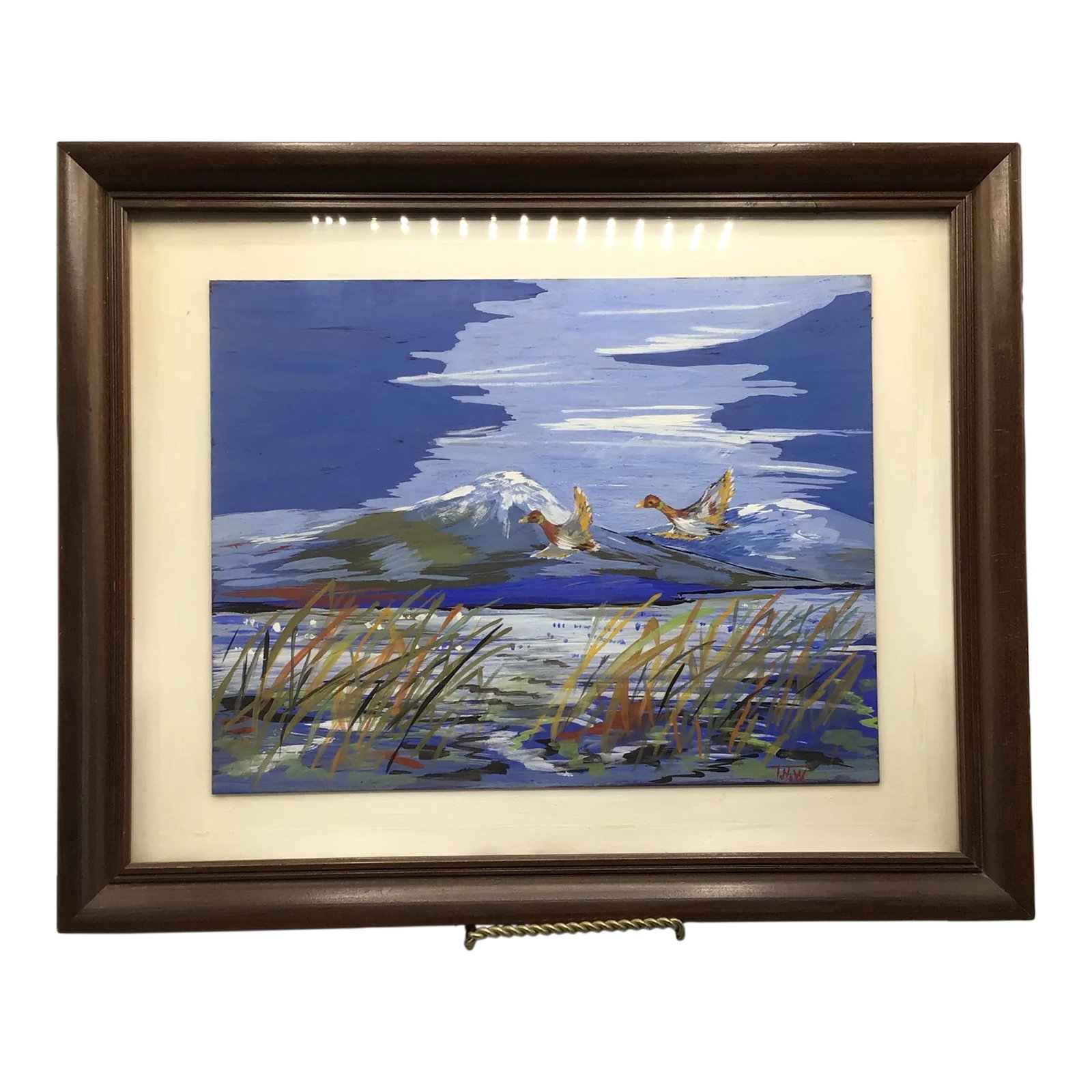 "Ducks in Flight" Signed Impressionist Framed Painting: Here is a impressionist oil on art board painting of two mallard ducks in flight over a pond with snow covered mountains in the background. The art board is raised off of the backing with very