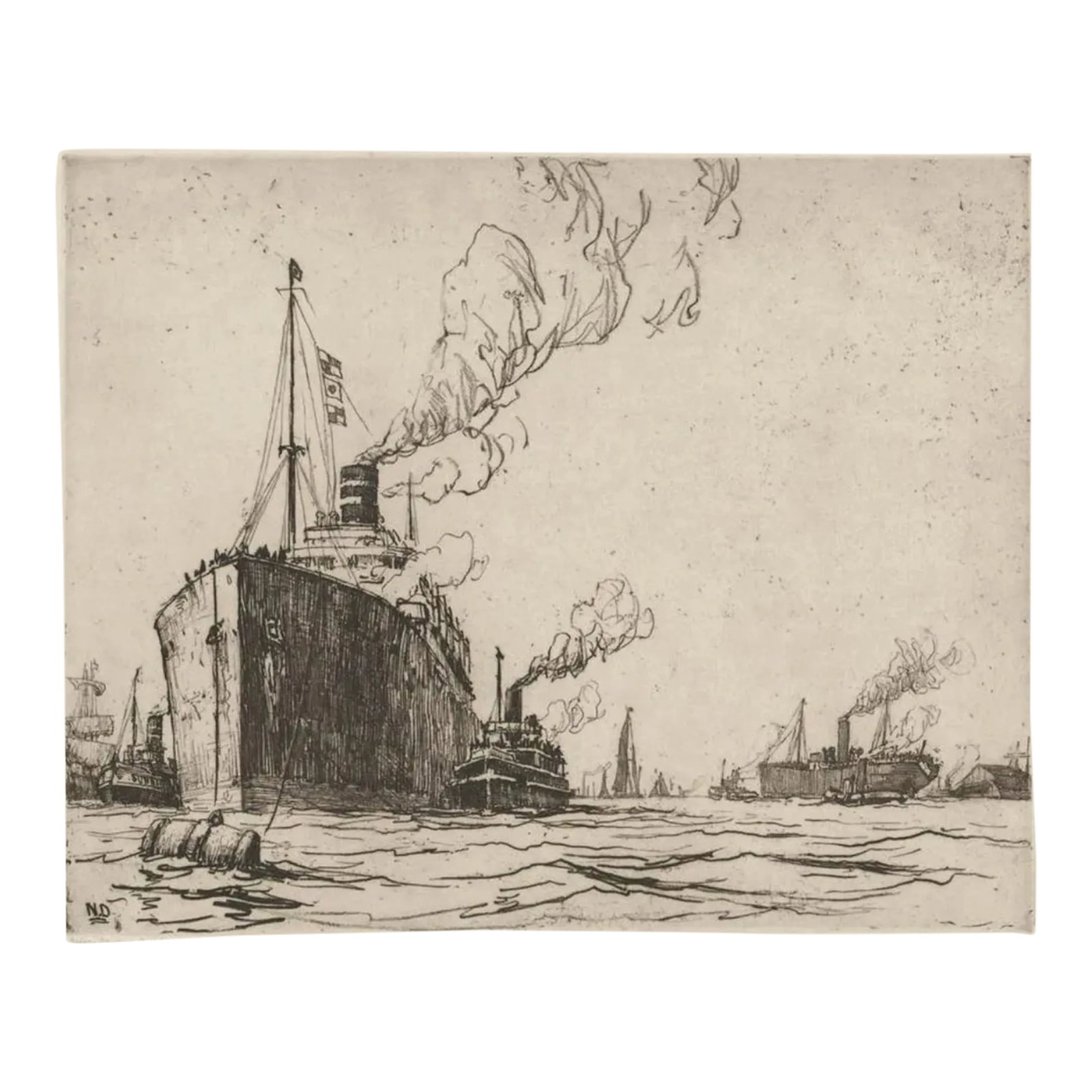 Nelson Dawson the Signal Nautical Etching 3rd State: Large scale harbor etching by Nelson Ethelred Dawson (1859-1941) "The Signal" (3rd state), pencil signed with other notes. Plate: 13.75 x 17.25 inches Sheet: 18 x 22 inches Condition: Alterations: Ori