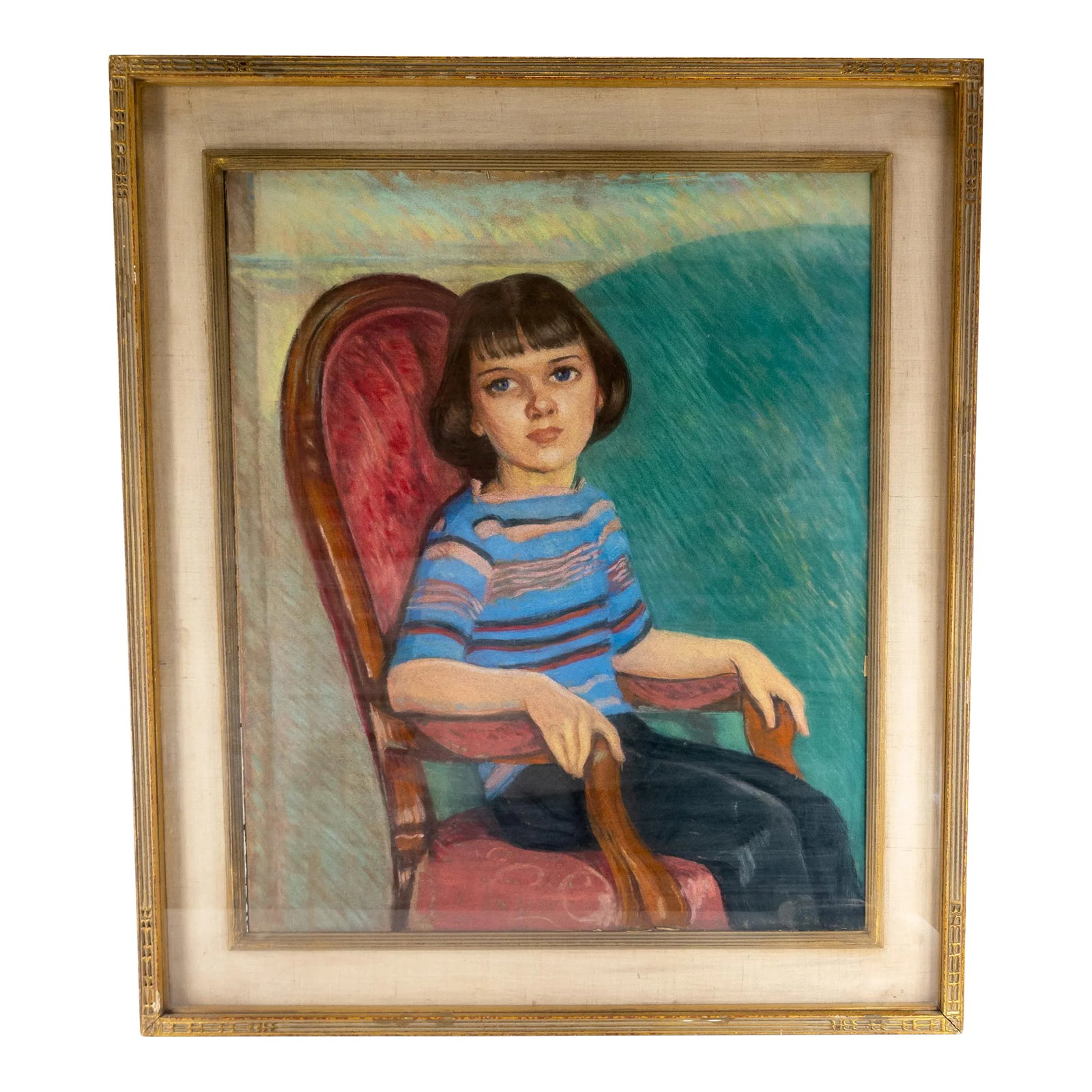 1970's American Pastel Portrait Painting by Martha Herpst in Newcomb Macklin Frame: We are selling this pastel portrait painting of a young girl in striped sweater. This painting is done by Martha Jane Herpst and has her information on the back, she was a Woodstock NY artist and