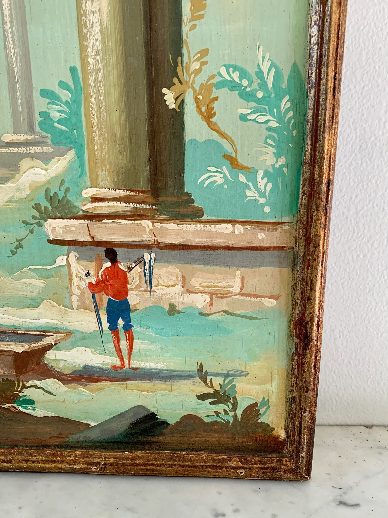 Antique Grand Tour Italian Capriccio Framed Oil on Board Paintings of a Landscape With Ruins, Pair - 11