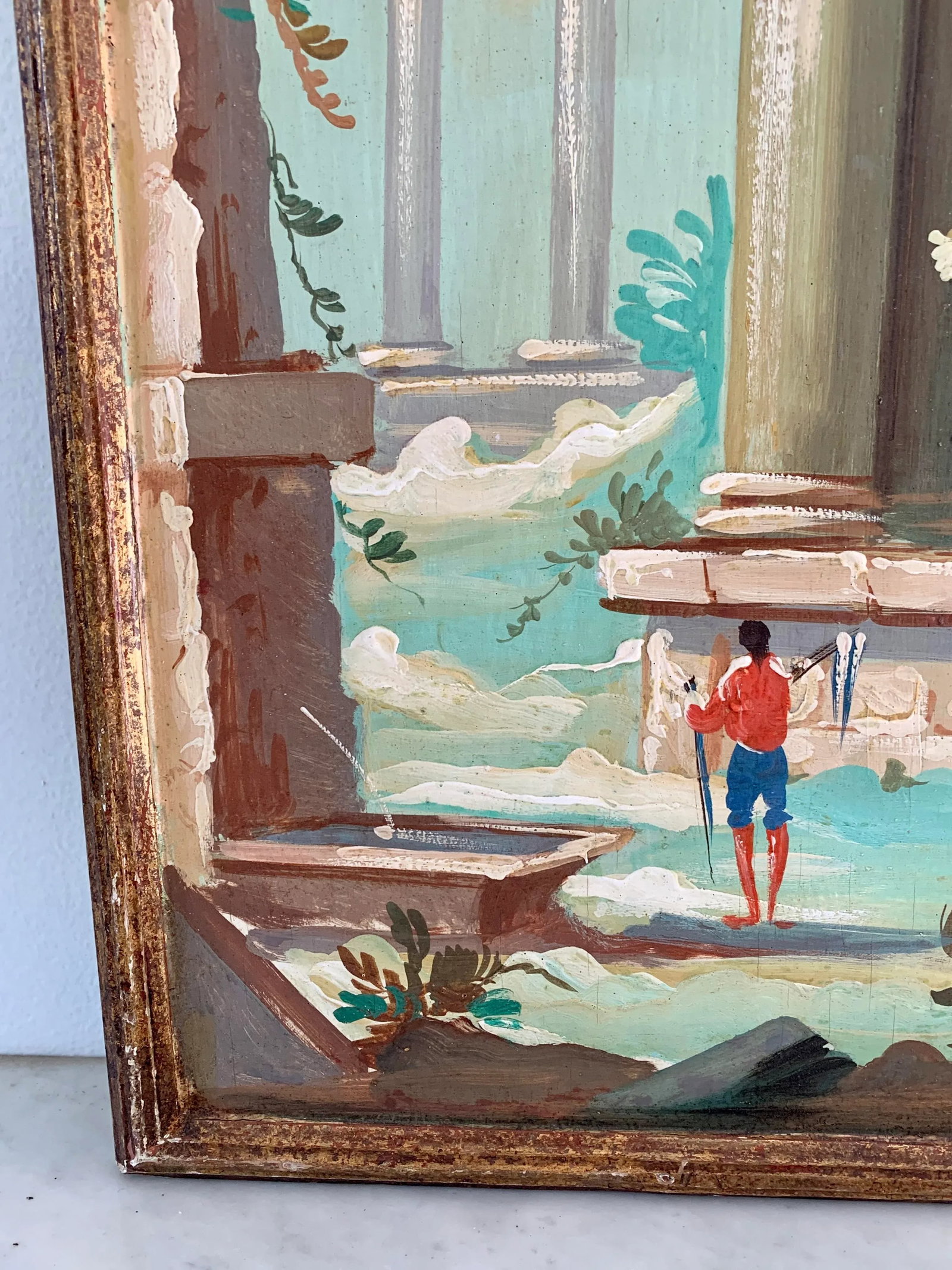 Antique Grand Tour Italian Capriccio Framed Oil on Board Paintings of a Landscape With Ruins, Pair - 12