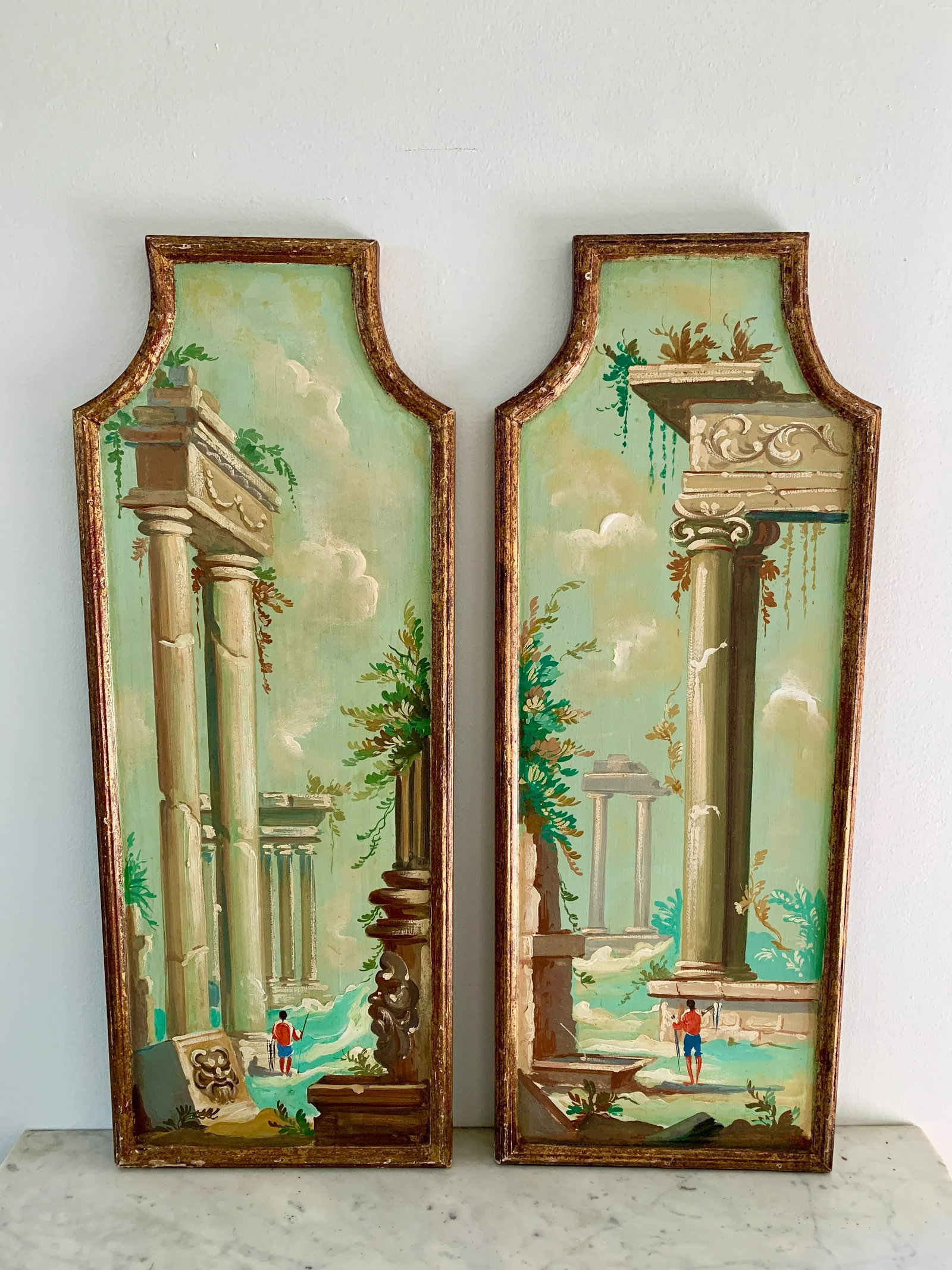 Antique Grand Tour Italian Capriccio Framed Oil on Board Paintings of a Landscape With Ruins, Pair - 14