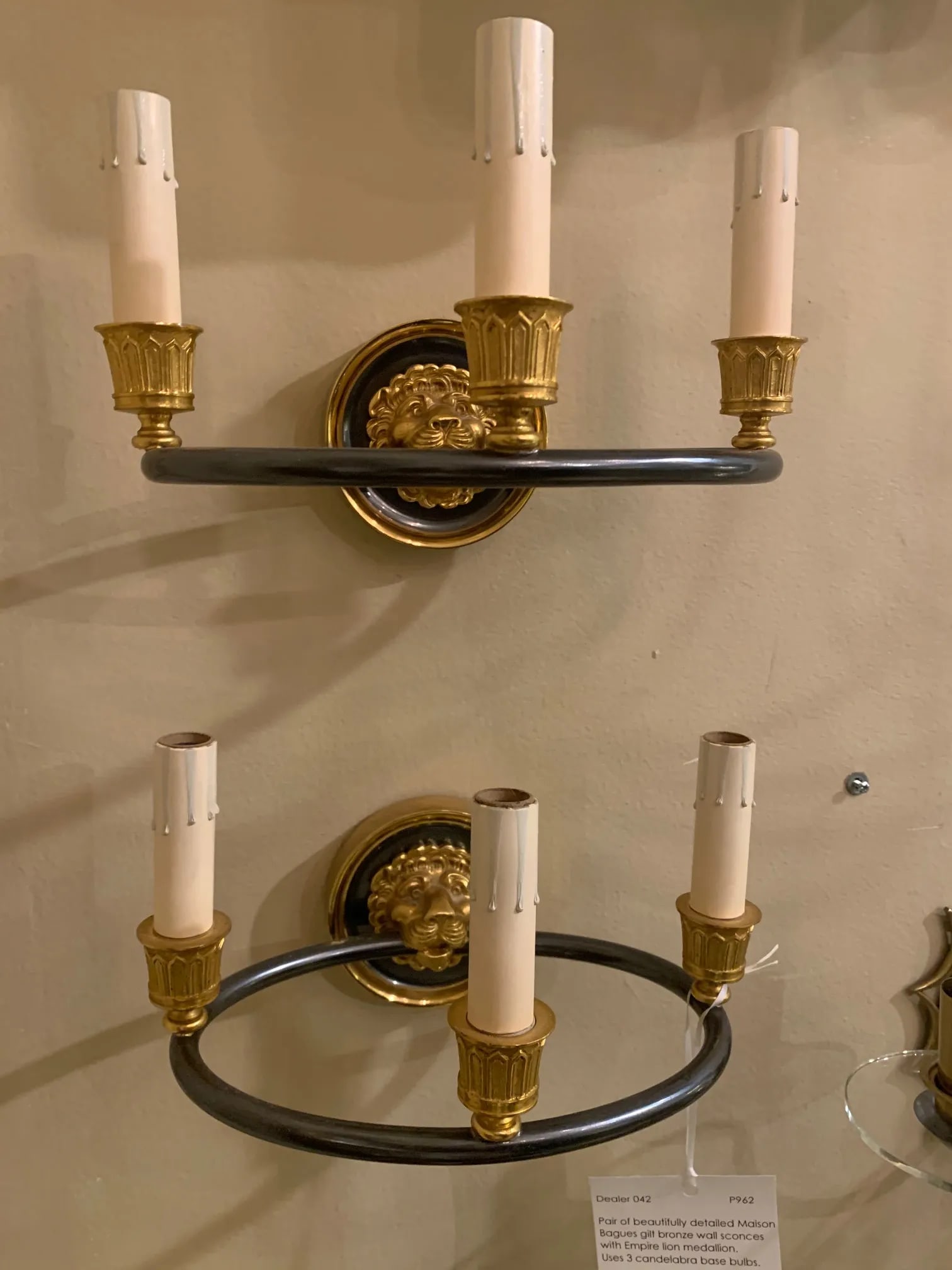 1960s Vintage Maison Bagues French Empire Style Lion Dore Wall Sconces - A Pair - 9