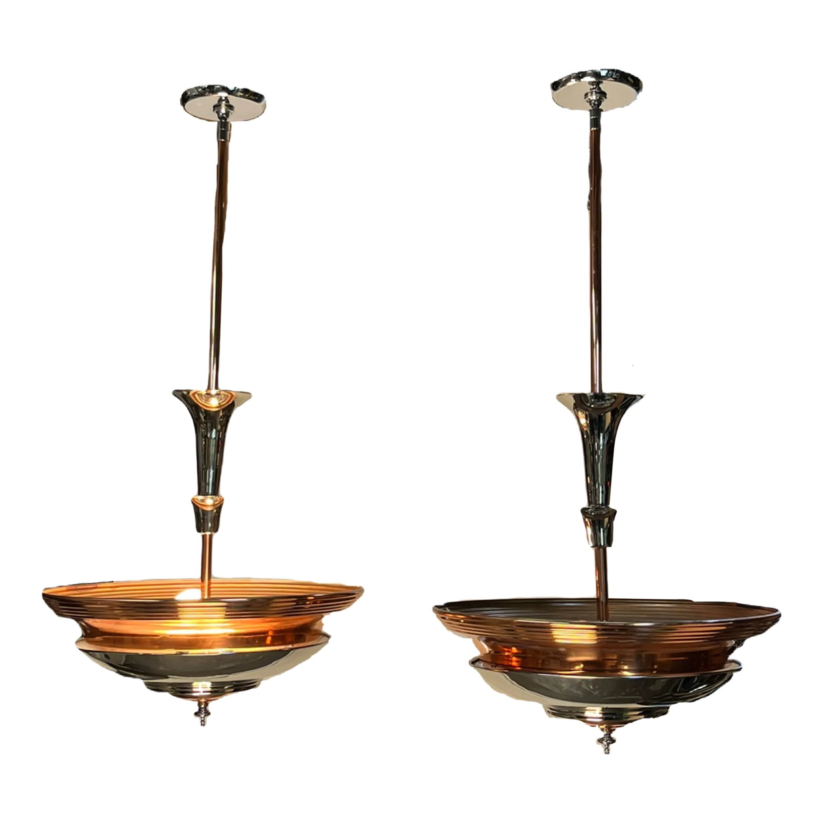 Pair 1930s Streamline Art Deco Mid-Century Modern Polished Nickel and Copper Uplight Bowl Pendants #: These were brought to us by a customer who moved to a smaller home and could not use them any longer. They were originally purchased at prominent LA store Thanks for the Memories on Melrose, and this