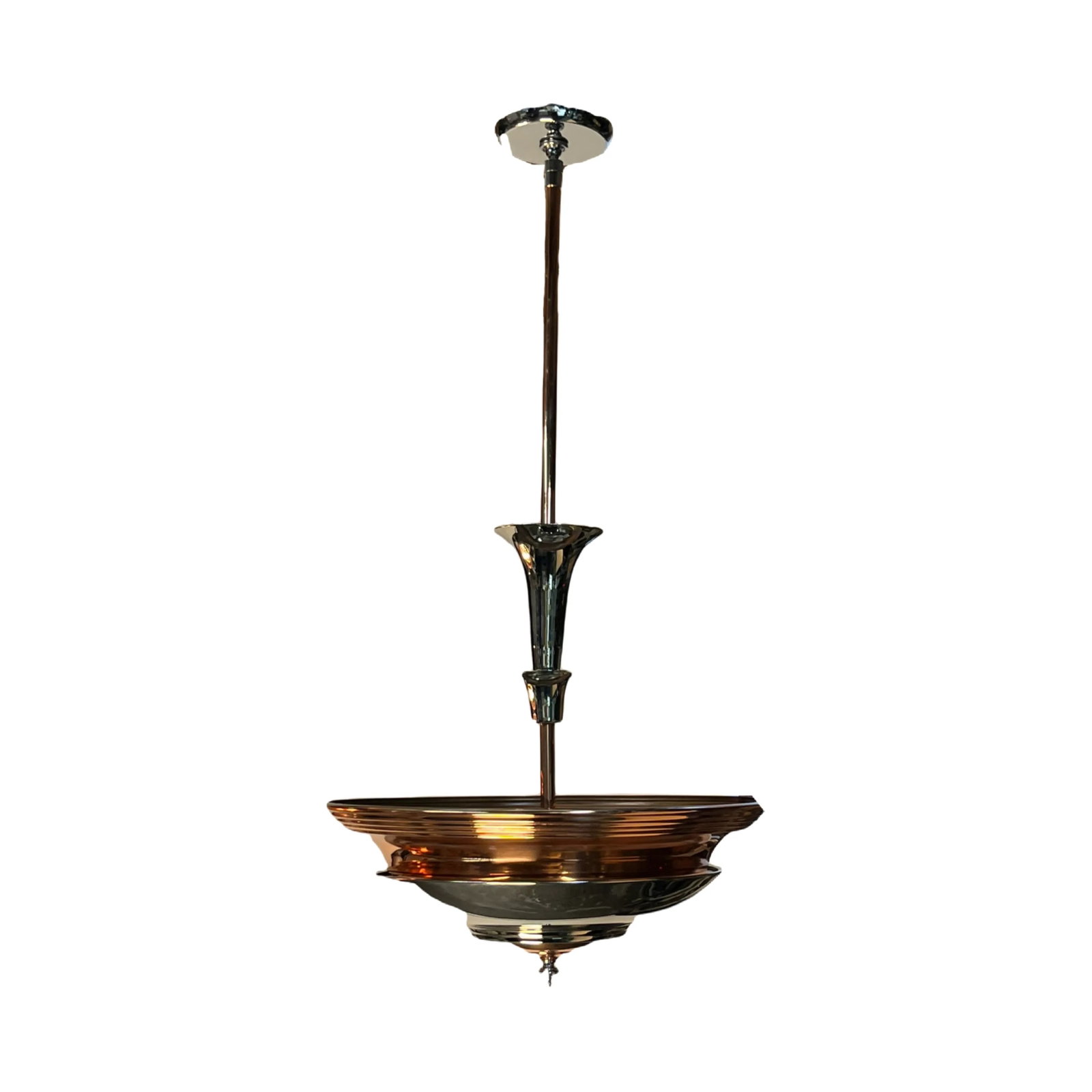 Pair 1930s Streamline Art Deco Mid-Century Modern Polished Nickel and Copper Uplight Bowl Pendants # - 2