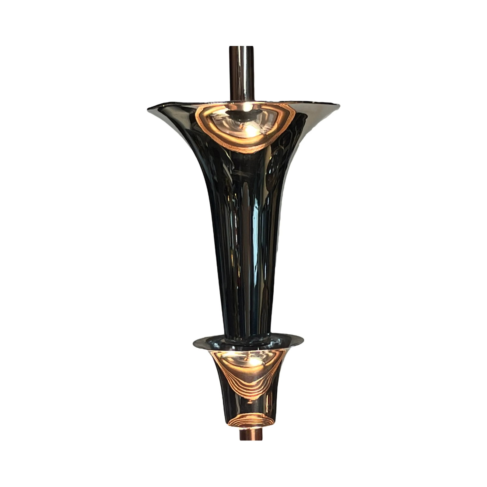 Pair 1930s Streamline Art Deco Mid-Century Modern Polished Nickel and Copper Uplight Bowl Pendants # - 3