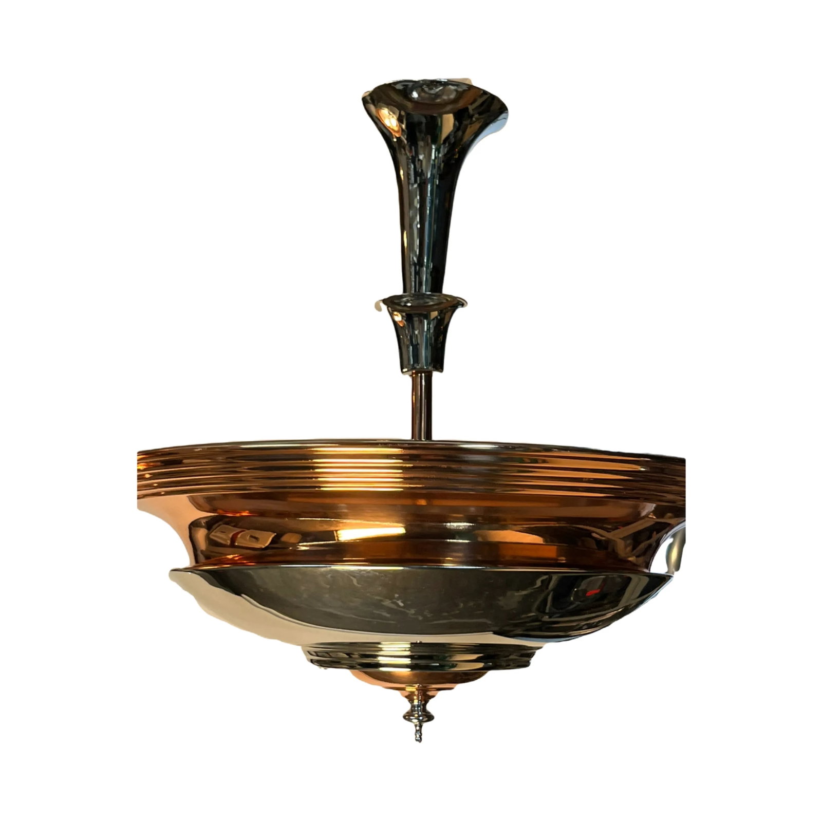 Pair 1930s Streamline Art Deco Mid-Century Modern Polished Nickel and Copper Uplight Bowl Pendants # - 4