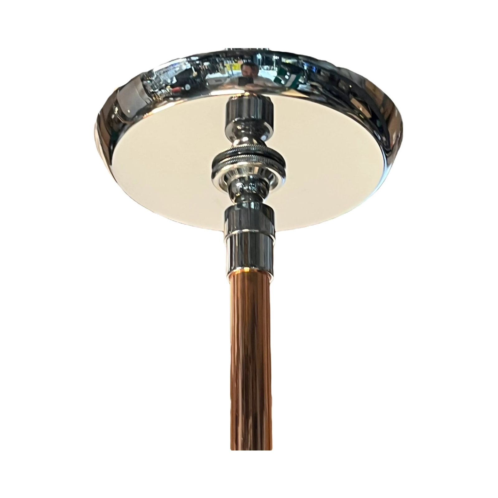Pair 1930s Streamline Art Deco Mid-Century Modern Polished Nickel and Copper Uplight Bowl Pendants # - 5