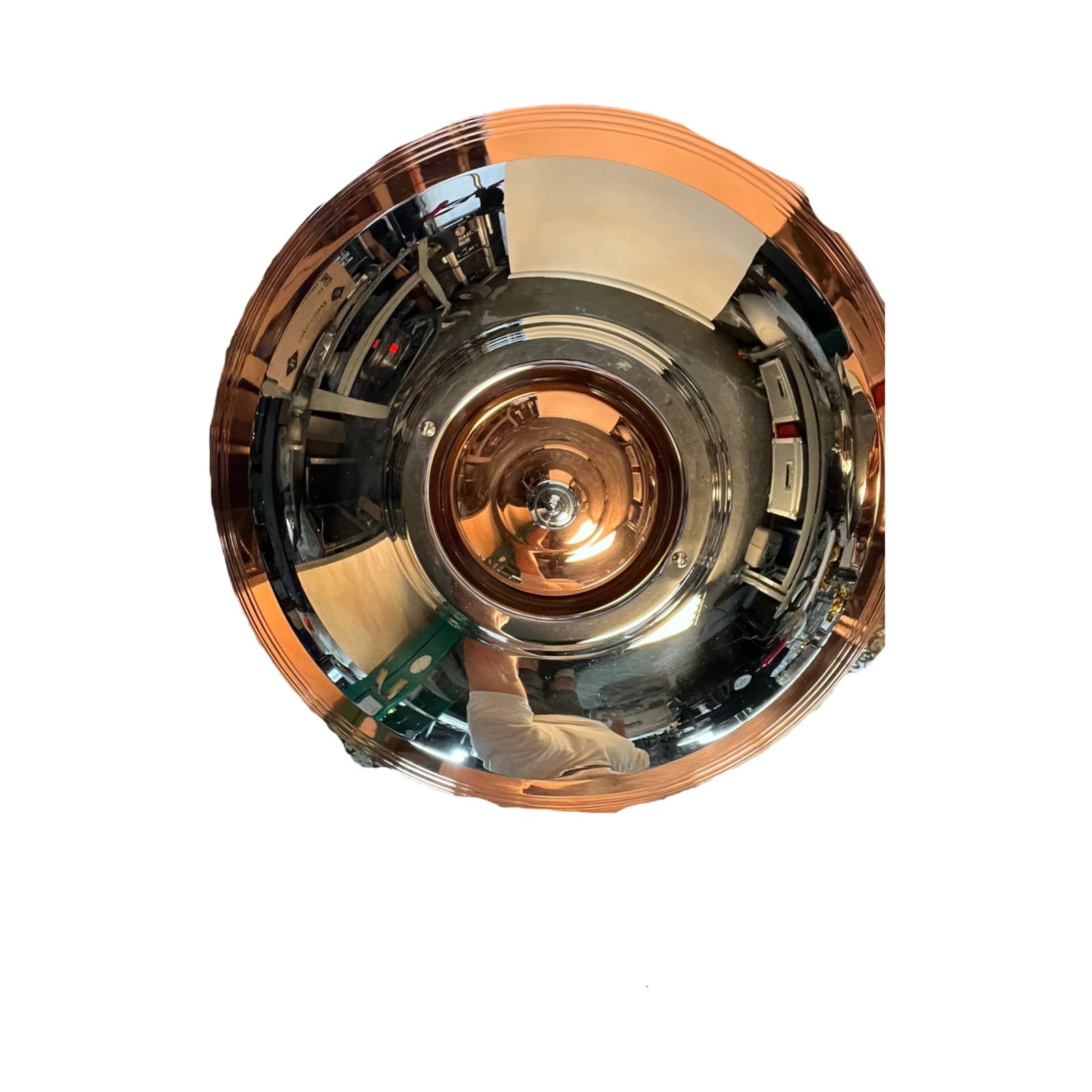 Pair 1930s Streamline Art Deco Mid-Century Modern Polished Nickel and Copper Uplight Bowl Pendants # - 8