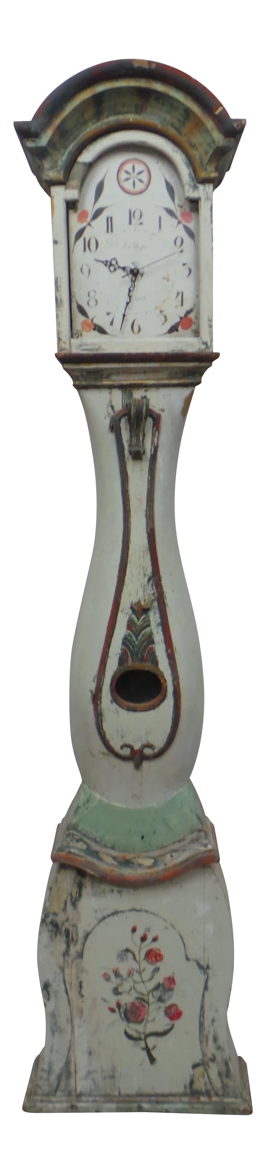 Mora Clock Swedish: This is a 100% original painted Swedish tall case Mora clock from Northern Sweden. It has new battery works installed. Condition: Alterations: Original Design Modified Imperfections: Some Imperfection