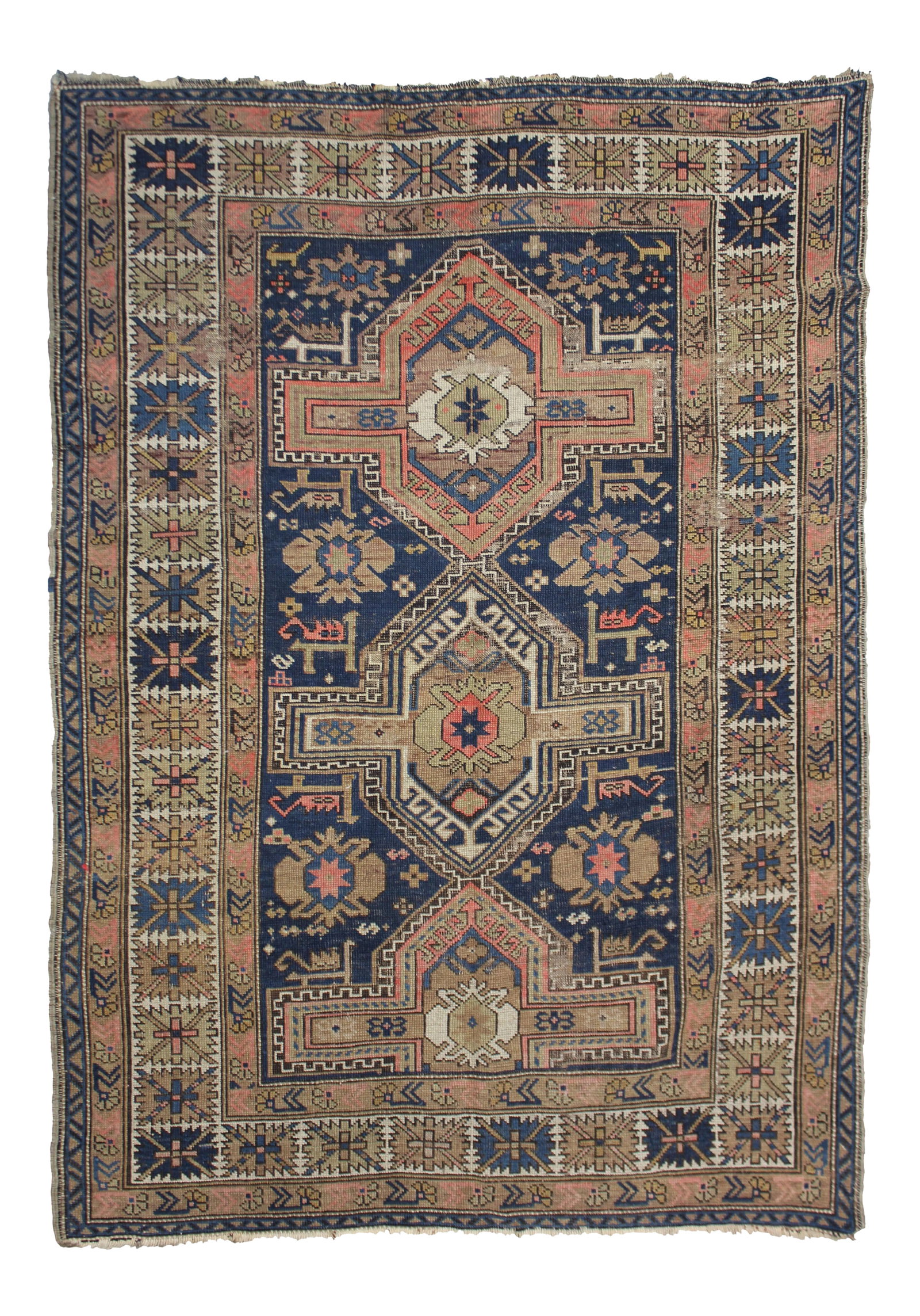 Antique Hand Knotted Kazak Rug - 4'0" x 5'4": This stunning antique Kazak rug was hand knotted in 1880's . Knotted with 100% wool, dyed with pigment from vegetables, the 3 medallions adding to its individual charm. This rug is an antique, and
