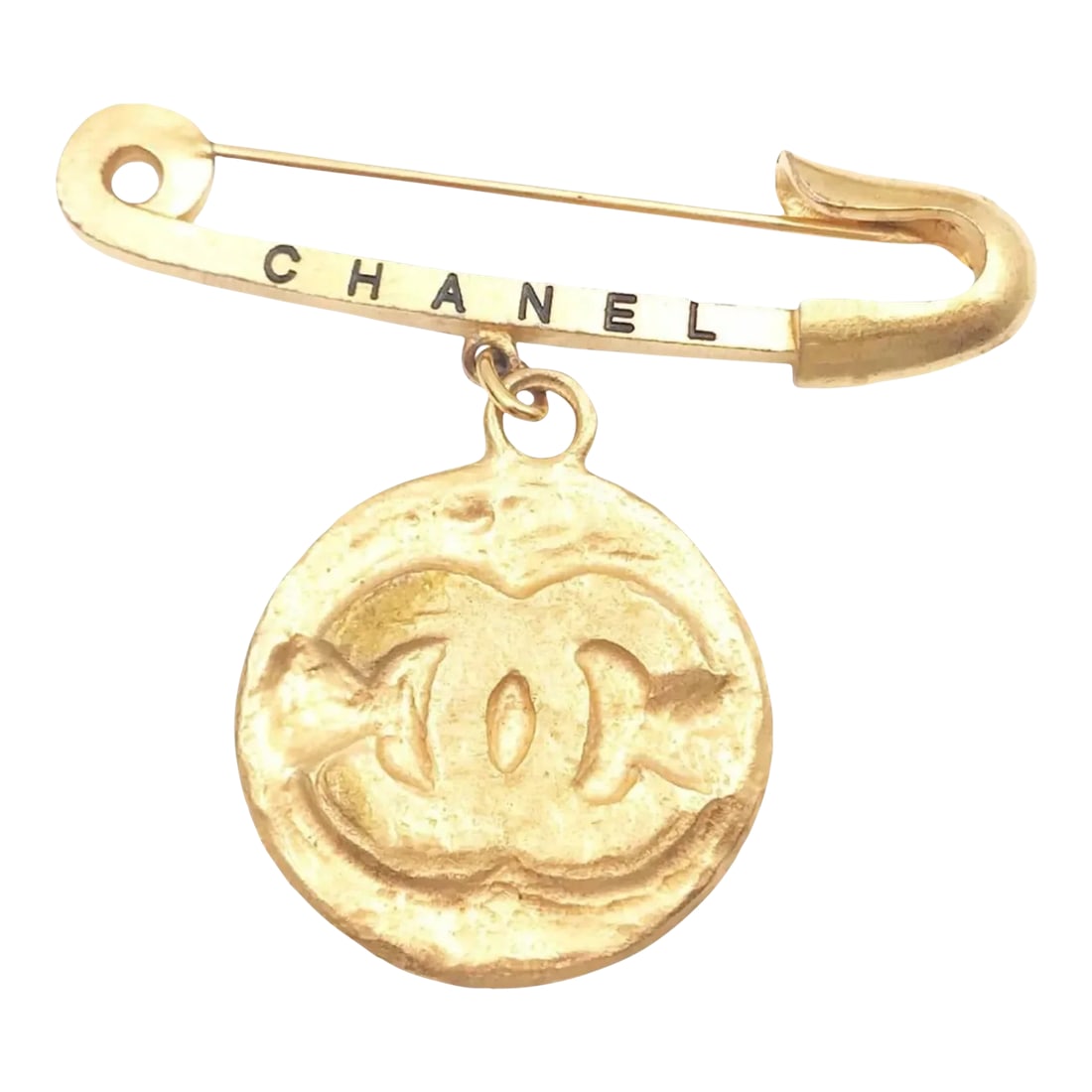 Chanel Vintage Gold Plated Medallion Coin Safety Pin Brooch: Chanel Vintage Gold Plated Medallion Coin Safety Pin Brooch * Marked 94 * Made in France * Comes with the original box -Approximately 3.5'' x 2.75'' -Very classic -In an excellent vintage condition