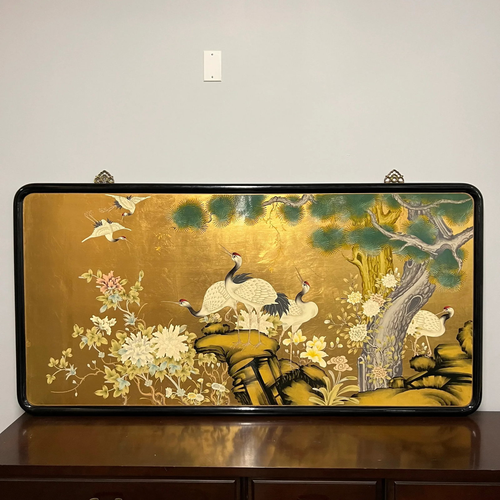 Mid 20th Century Asian Painting of Cranes and Chrysanthemums on Wood Board - 11