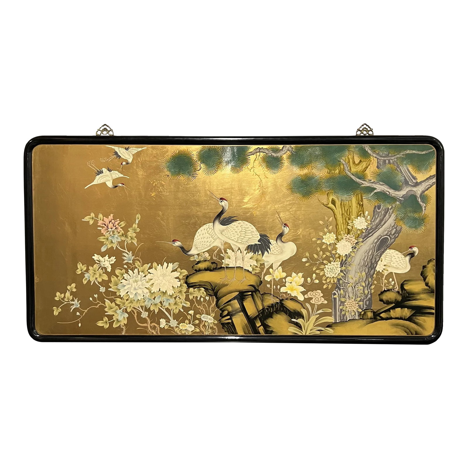 Mid 20th Century Asian Painting of Cranes and Chrysanthemums on Wood Board: Stunning large painting of cranes in a landscape with trees and chrysanthemums that utilizes bright colors and sits on a gold leaf background. The frame is integrated into the piece and it is a