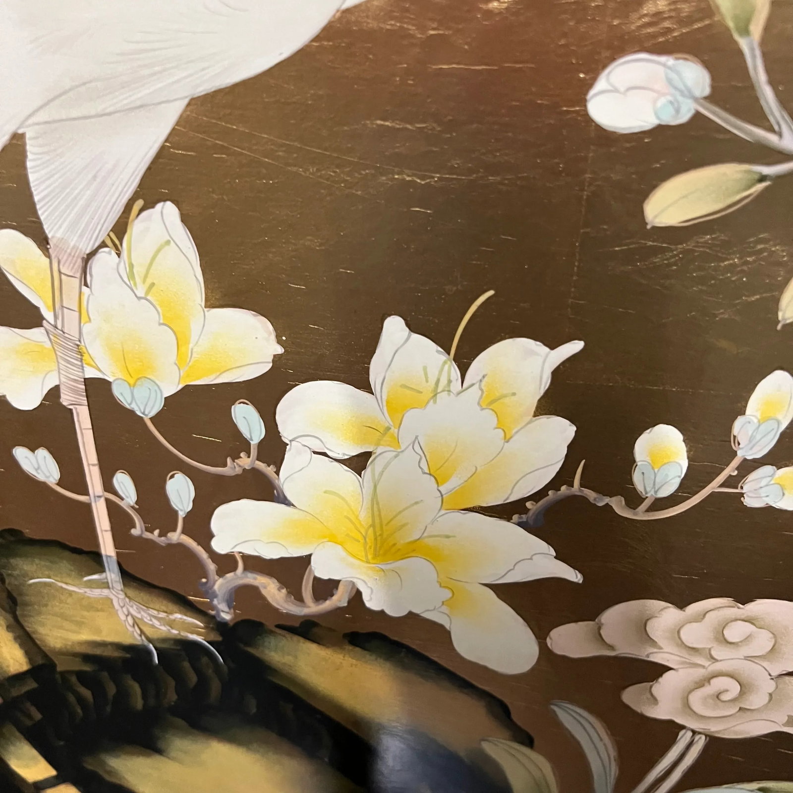 Mid 20th Century Asian Painting of Cranes and Chrysanthemums on Wood Board - 2