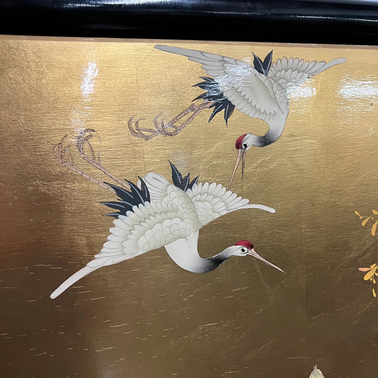Mid 20th Century Asian Painting of Cranes and Chrysanthemums on Wood Board - 3