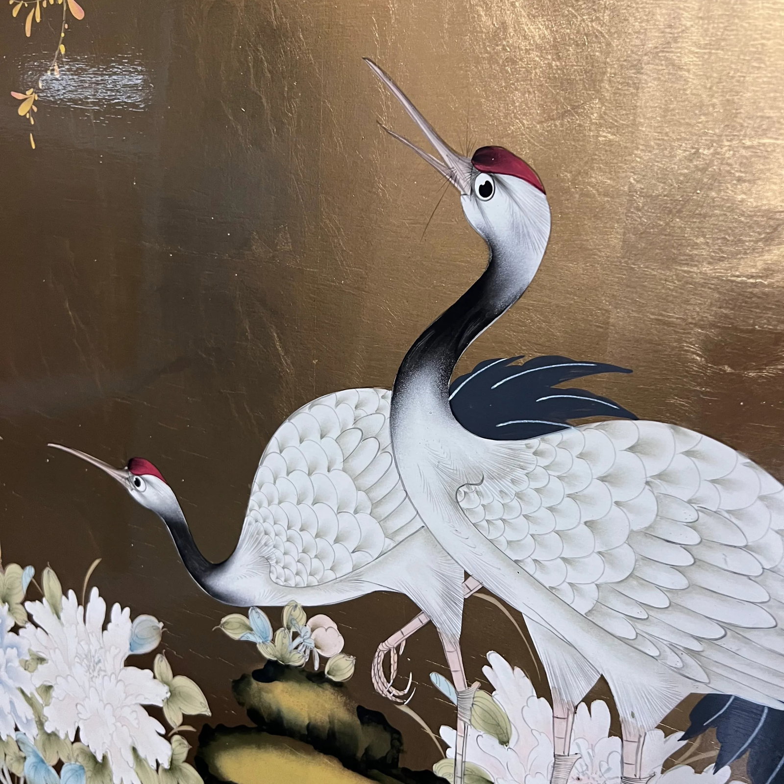 Mid 20th Century Asian Painting of Cranes and Chrysanthemums on Wood Board - 4
