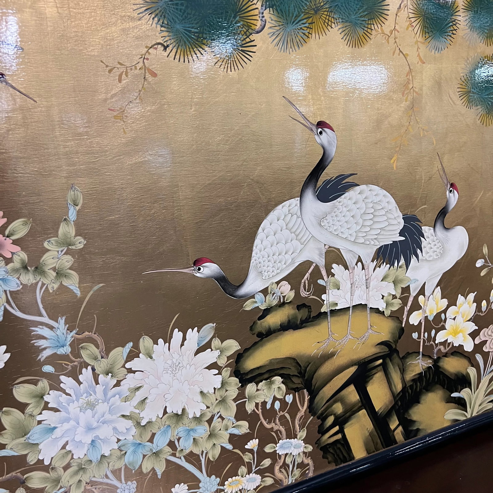 Mid 20th Century Asian Painting of Cranes and Chrysanthemums on Wood Board - 5