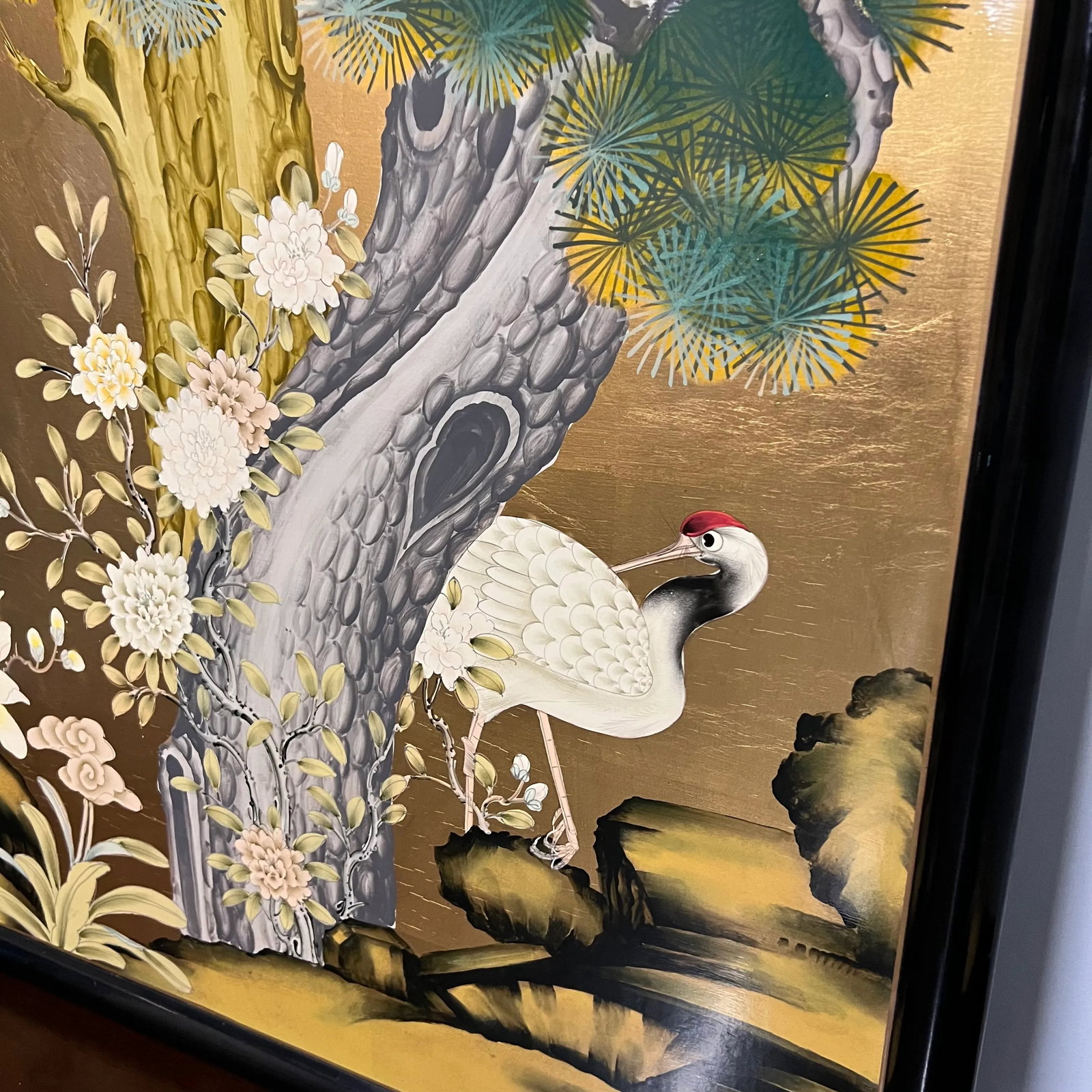 Mid 20th Century Asian Painting of Cranes and Chrysanthemums on Wood Board - 6
