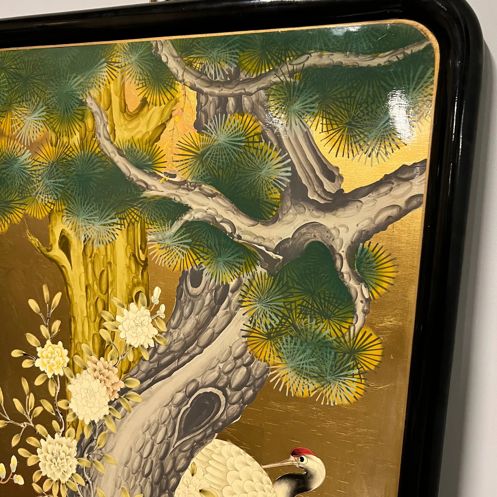 Mid 20th Century Asian Painting of Cranes and Chrysanthemums on Wood Board - 7