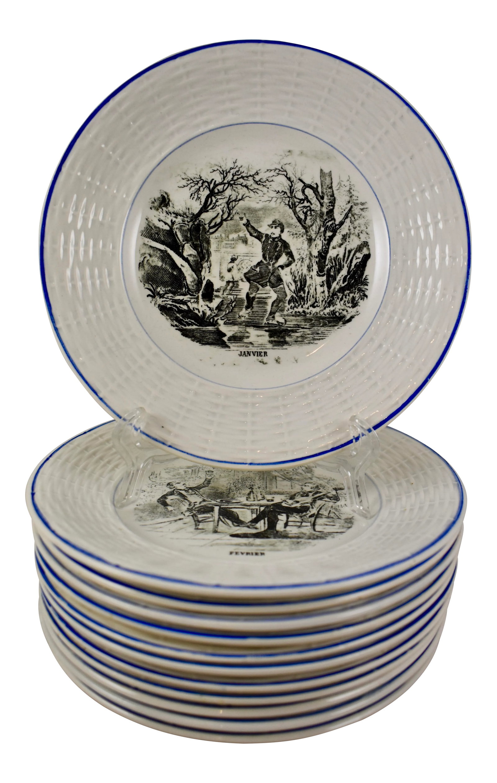 Digoin Sarreguemines French Transferware 'Mois De L'annee' Plates- Set of 12: A complete set of twelve, Digoin Sarreguemines, French faience plates, known as 'Les mois de l'annee a la campagne' or The Months of the Year in the Country. Each plate shows a unique black transfer
