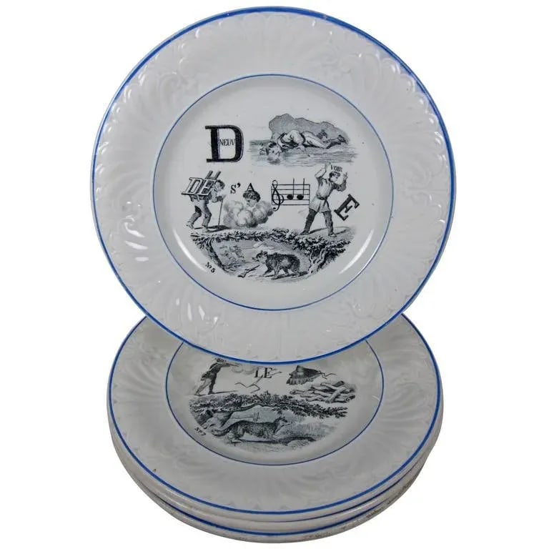 Creil Et Montereau French Rebus Puzzle Dessert Plates- Set of 6 - 11