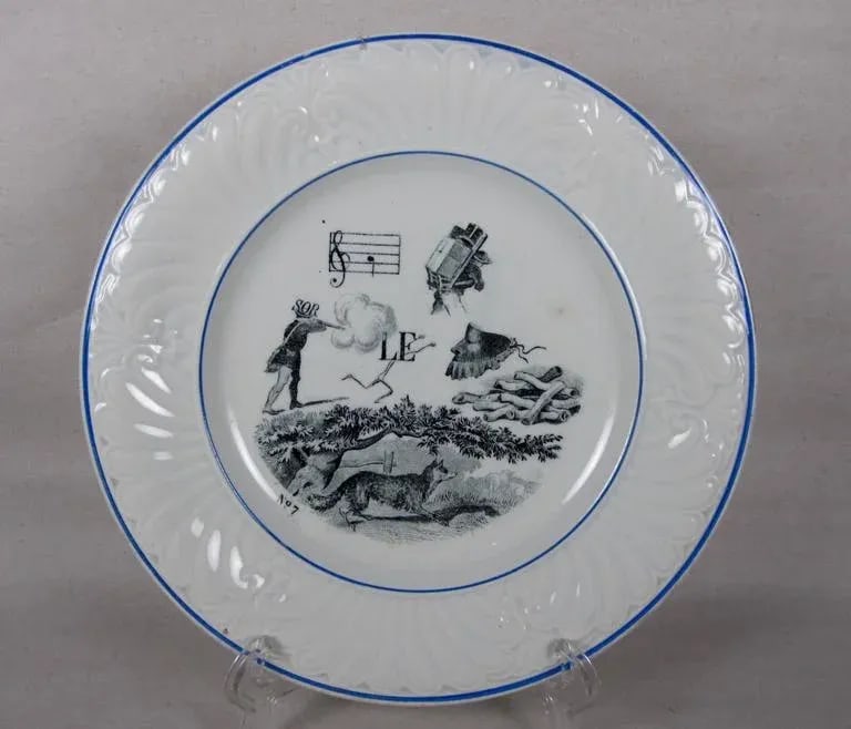 Creil Et Montereau French Rebus Puzzle Dessert Plates- Set of 6 - 6