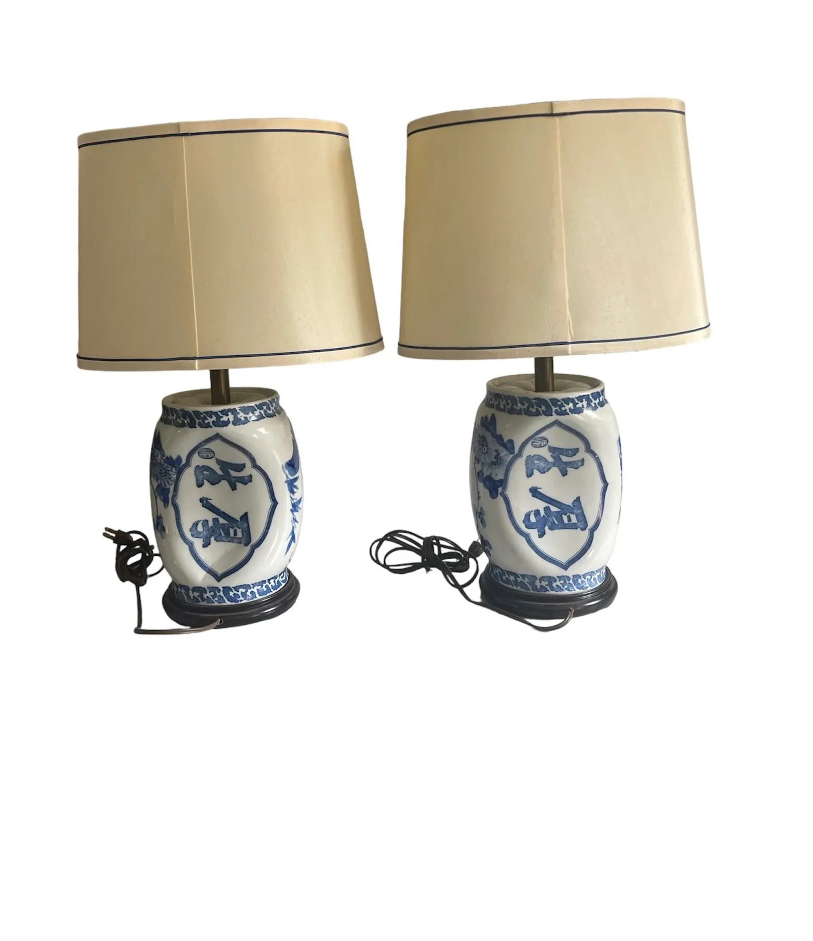 Antique Blue and White Lamp Set With Original Shades - A Pair - 2