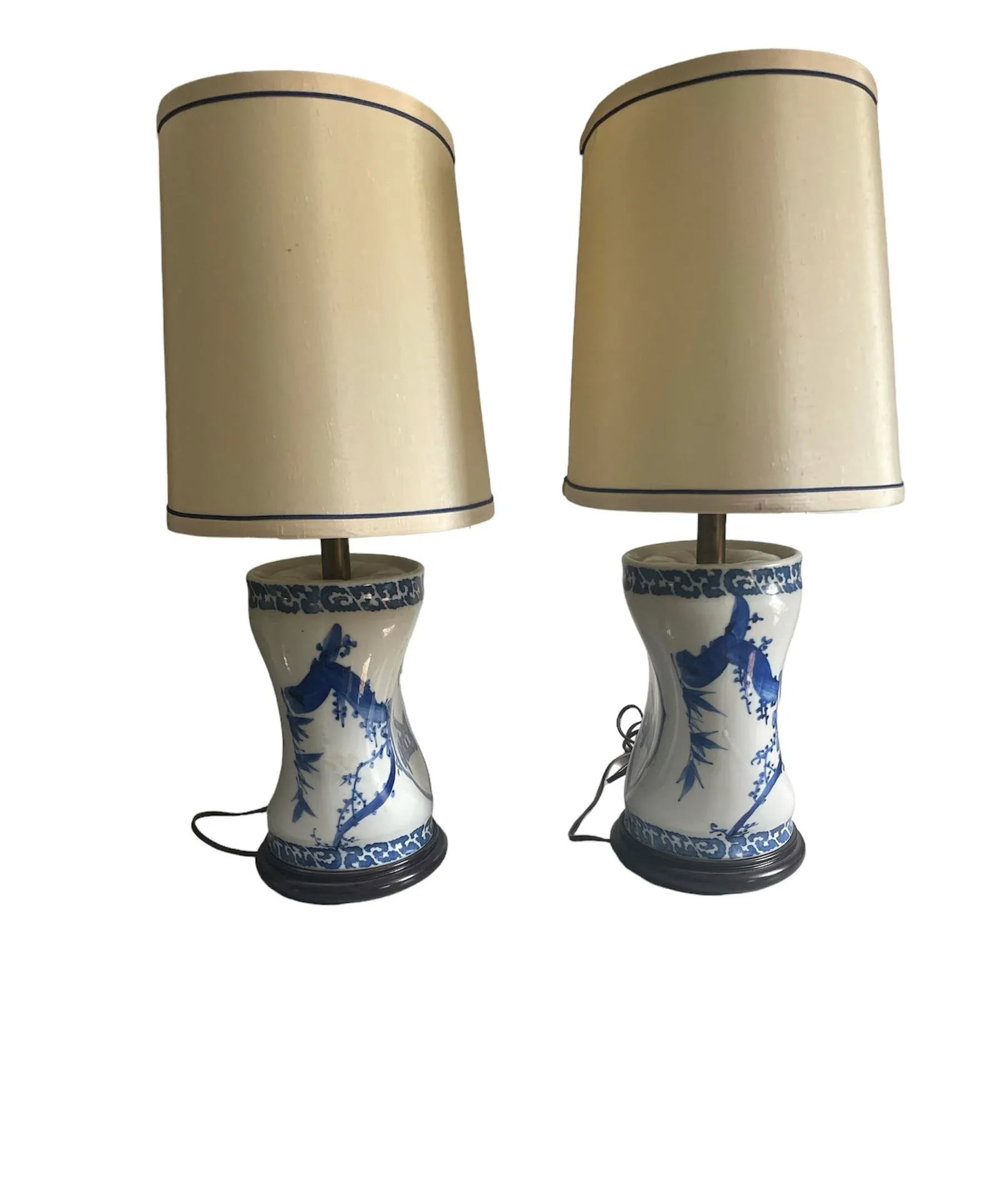 Antique Blue and White Lamp Set With Original Shades - A Pair - 3