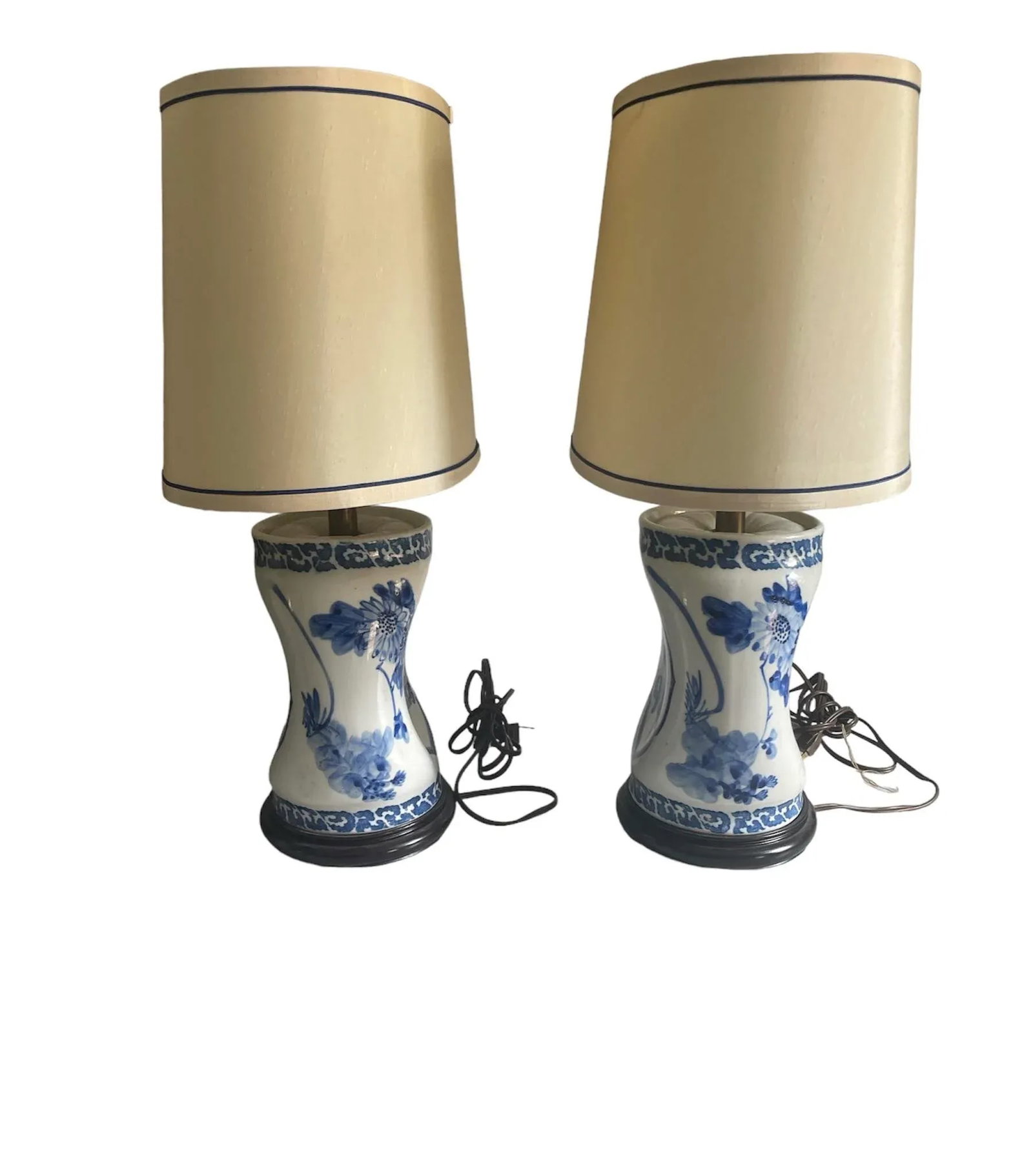 Antique Blue and White Lamp Set With Original Shades - A Pair - 4