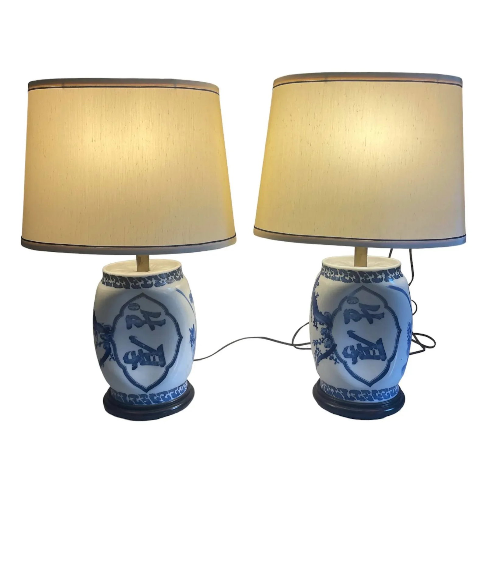 Antique Blue and White Lamp Set With Original Shades - A Pair - 5