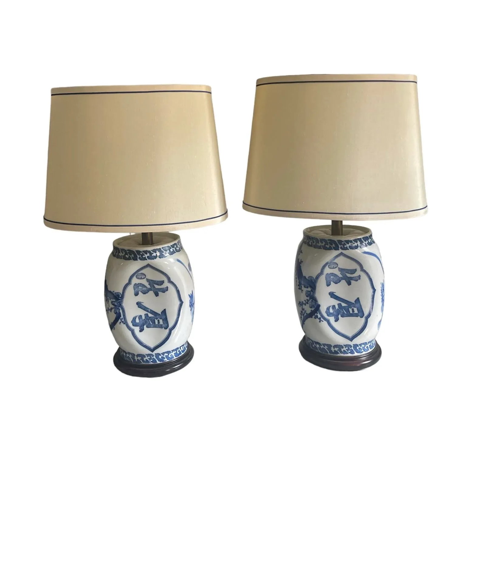 Antique Blue and White Lamp Set With Original Shades - A Pair - 6