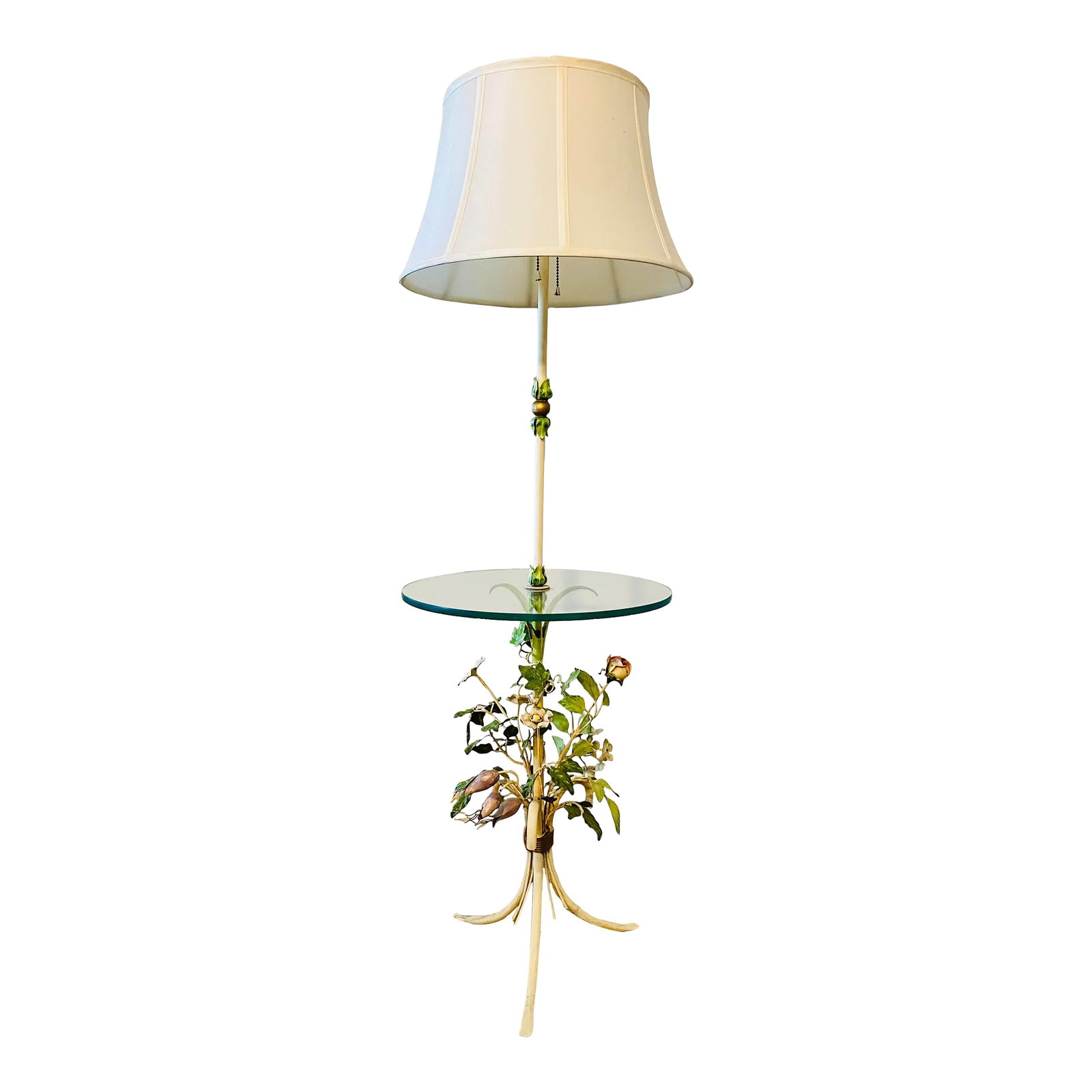 1950's Italian Tole Table Lamp: This is a fabulous vintage tole table lamp. Shade and glass are original and in very good condition. Glass is perfect at 15 " around. The hand painted flowers have a wonderful patina and are mostly