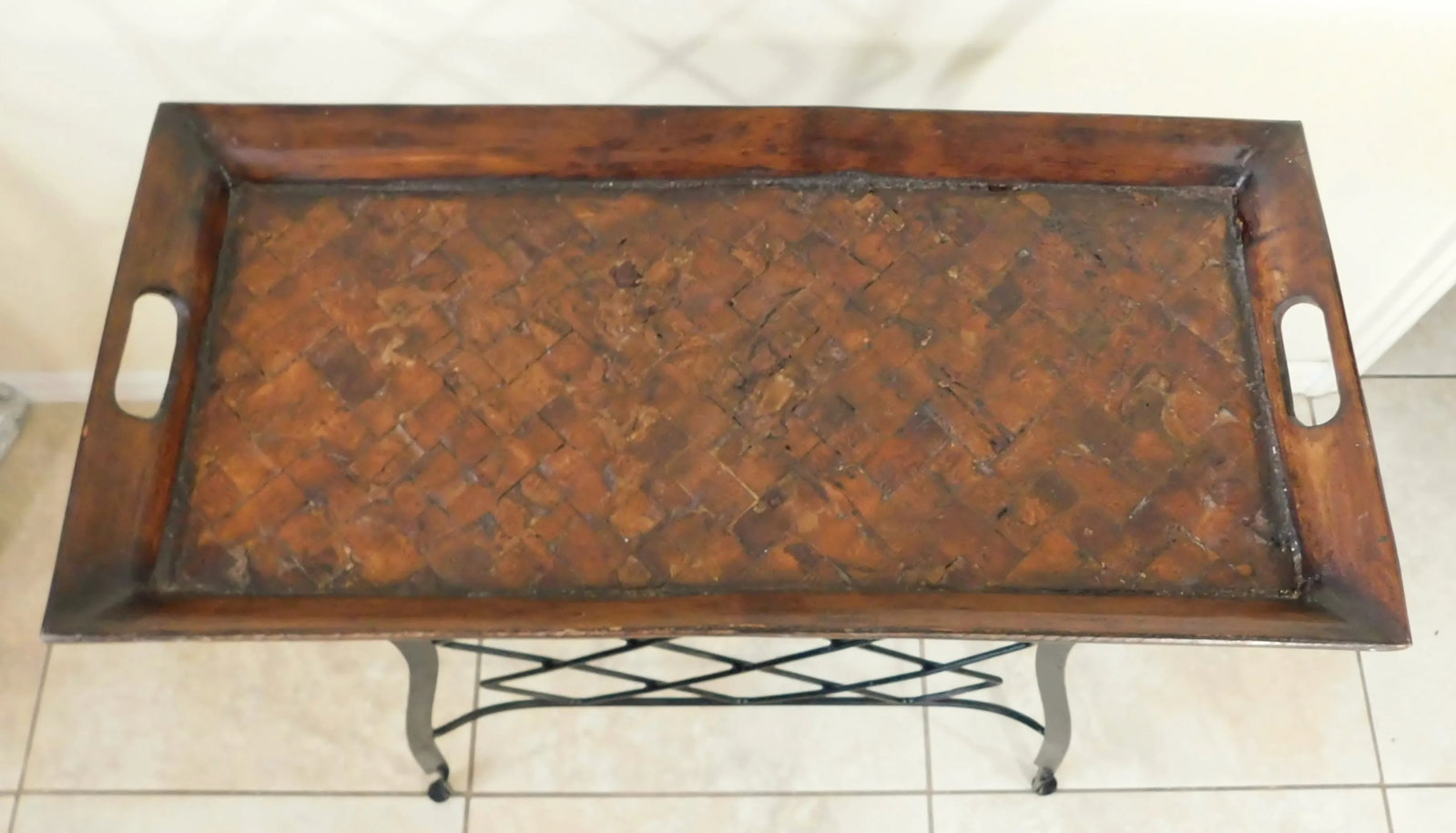 Vintage C1980s Black Wrought Iron Mahogany Wood Removable Tray Table Bar or Plant Stand - 11
