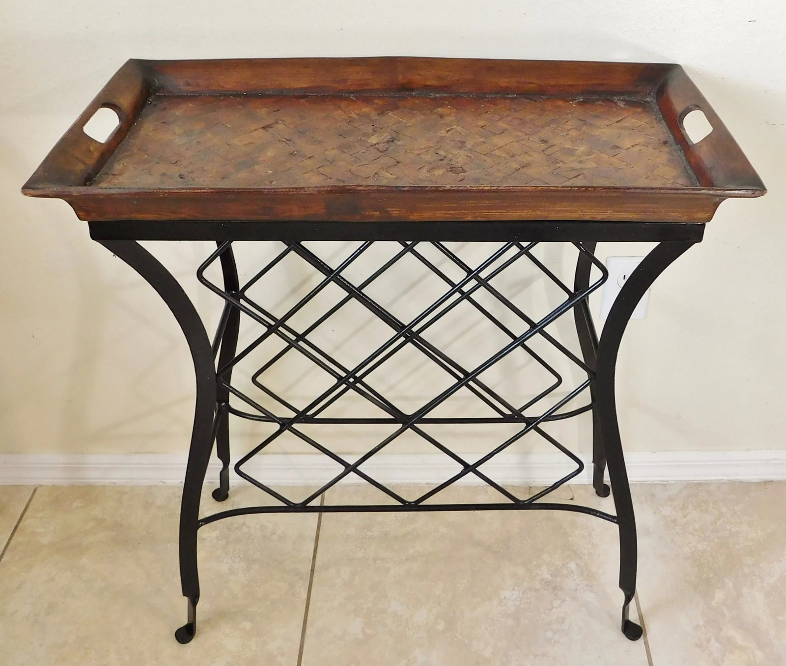 Vintage C1980s Black Wrought Iron Mahogany Wood Removable Tray Table Bar or Plant Stand - 13