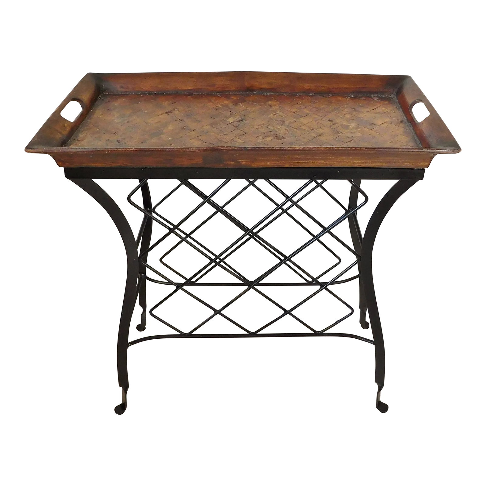 Vintage C1980s Black Wrought Iron Mahogany Wood Removable Tray Table Bar or Plant Stand (1 of 13)
