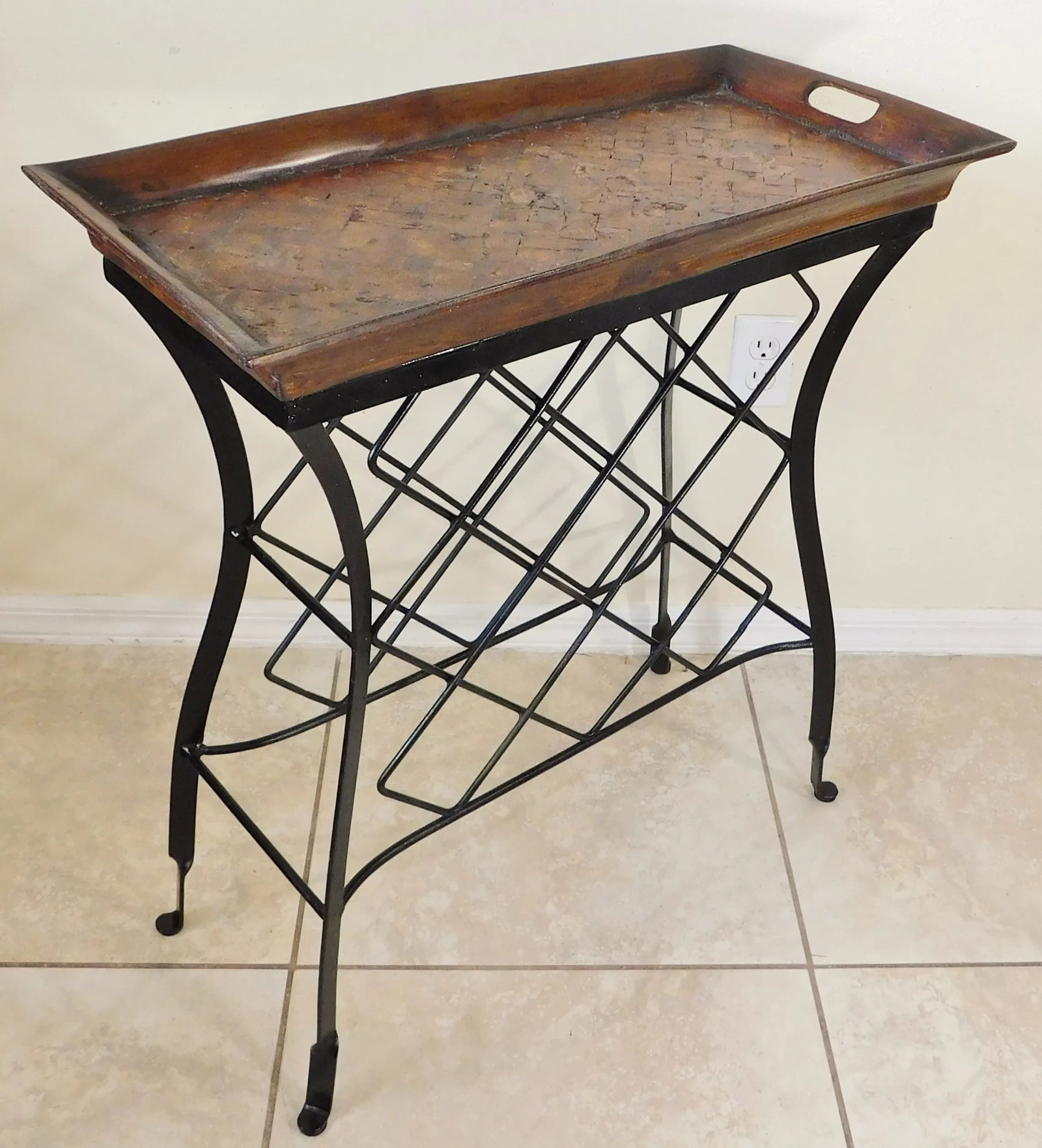 Vintage C1980s Black Wrought Iron Mahogany Wood Removable Tray Table Bar or Plant Stand - 2