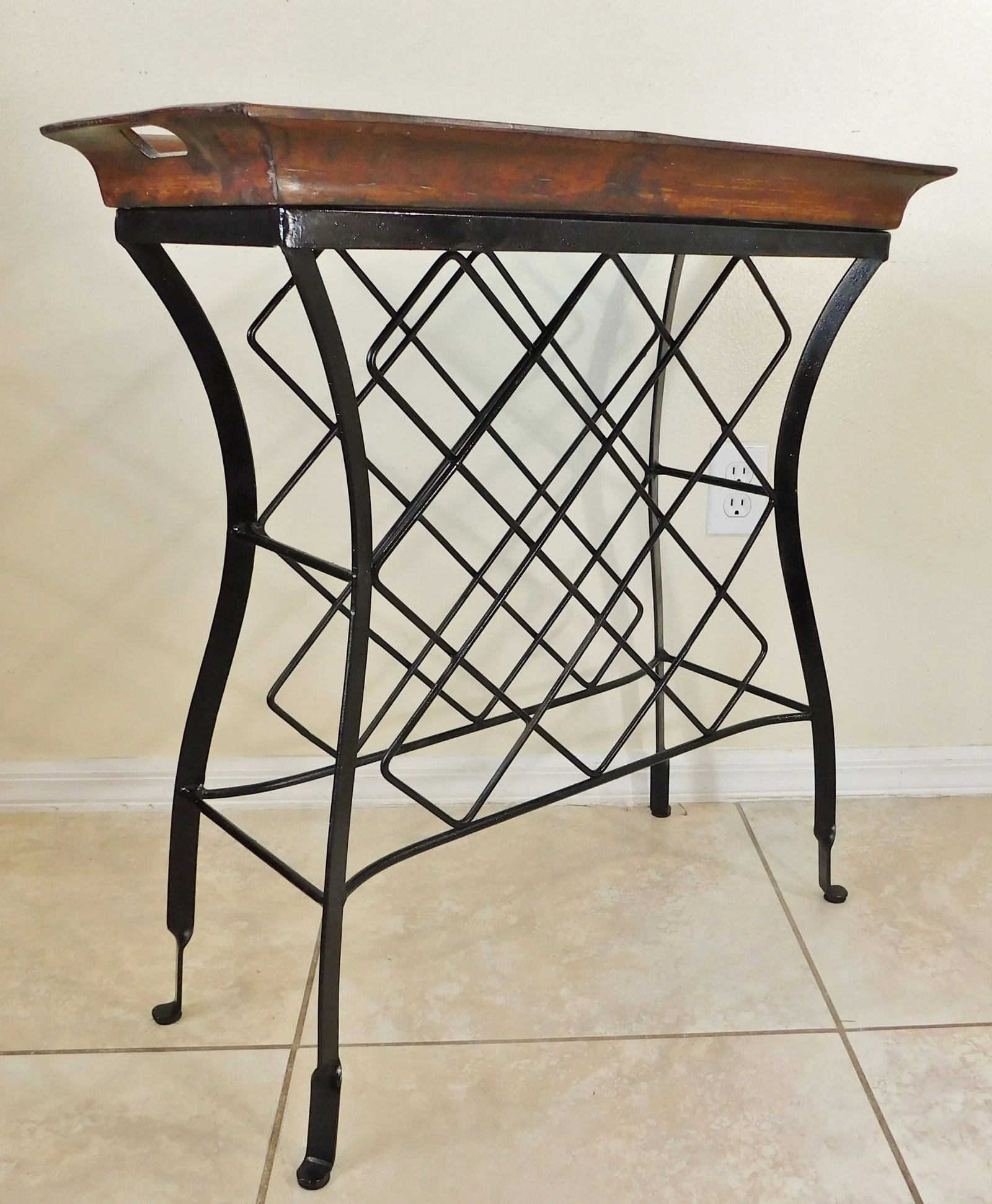 Vintage C1980s Black Wrought Iron Mahogany Wood Removable Tray Table Bar or Plant Stand - 5