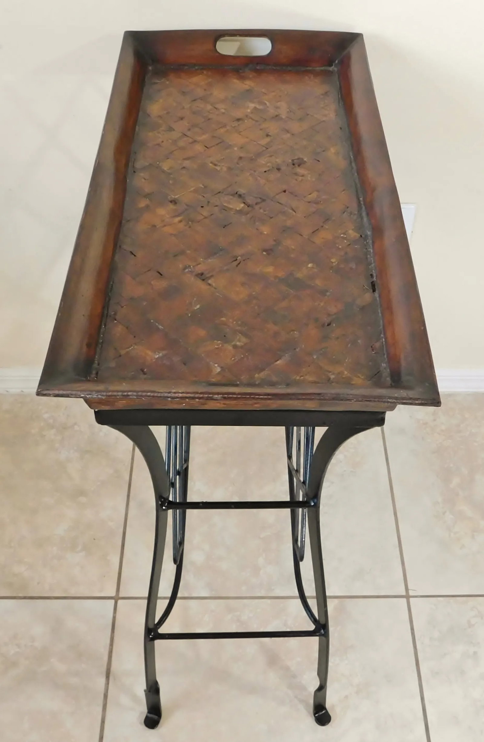 Vintage C1980s Black Wrought Iron Mahogany Wood Removable Tray Table Bar or Plant Stand - 7