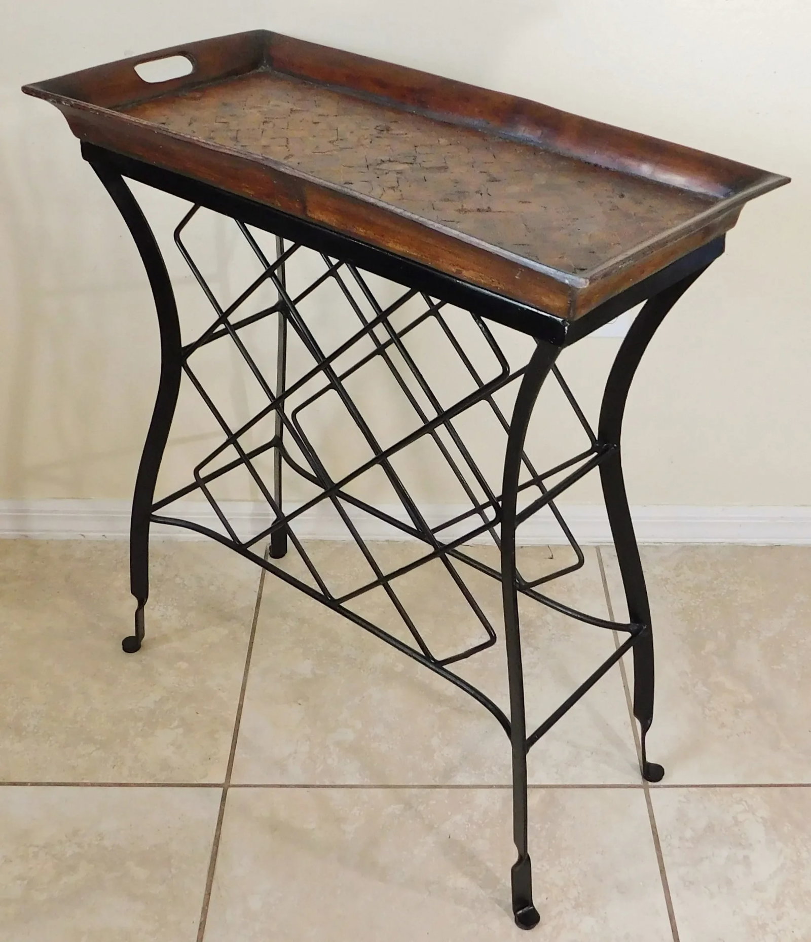 Vintage C1980s Black Wrought Iron Mahogany Wood Removable Tray Table Bar or Plant Stand - 8